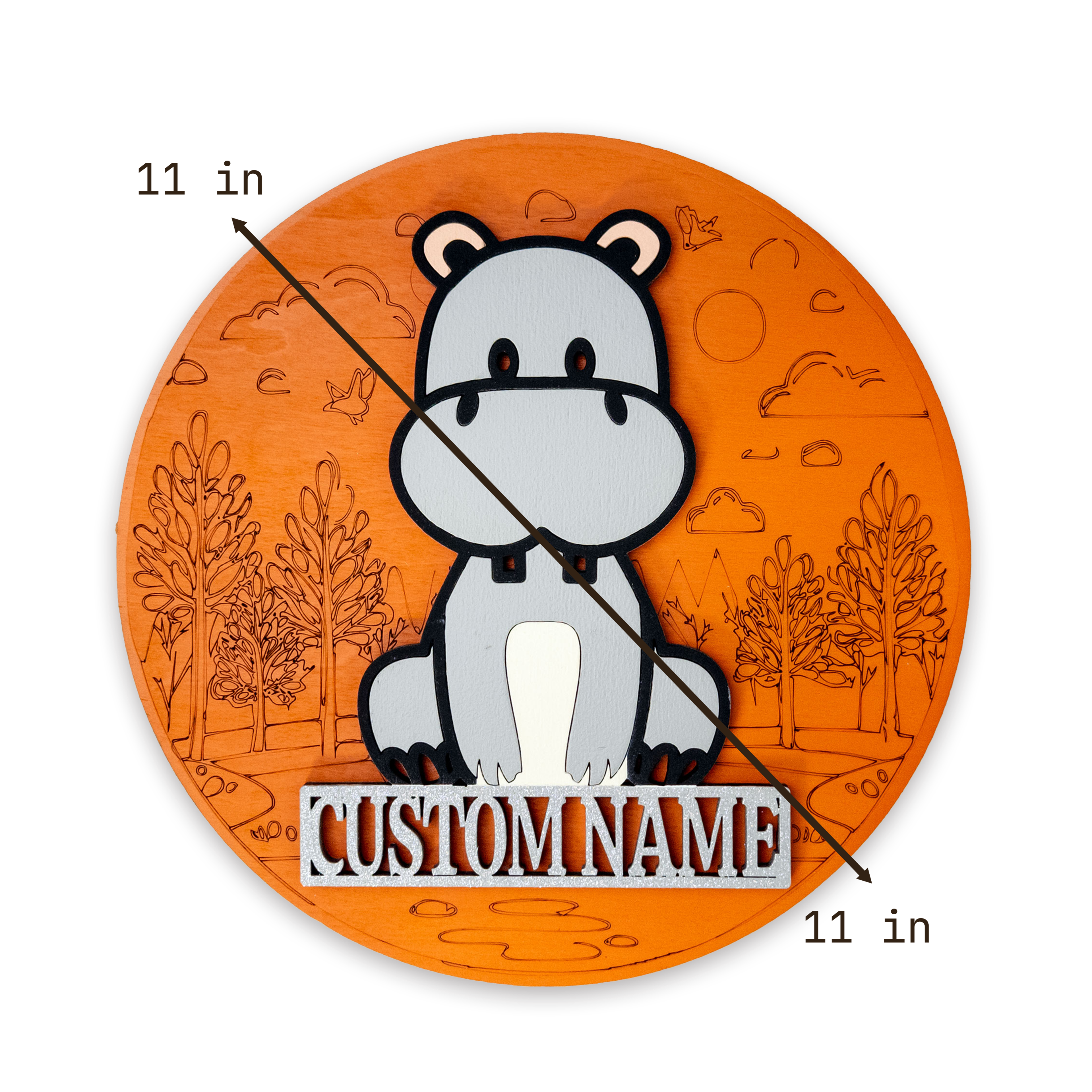 Multilayer 3D laser-cut hippo name sign wall art, Baltic Birch Plywood