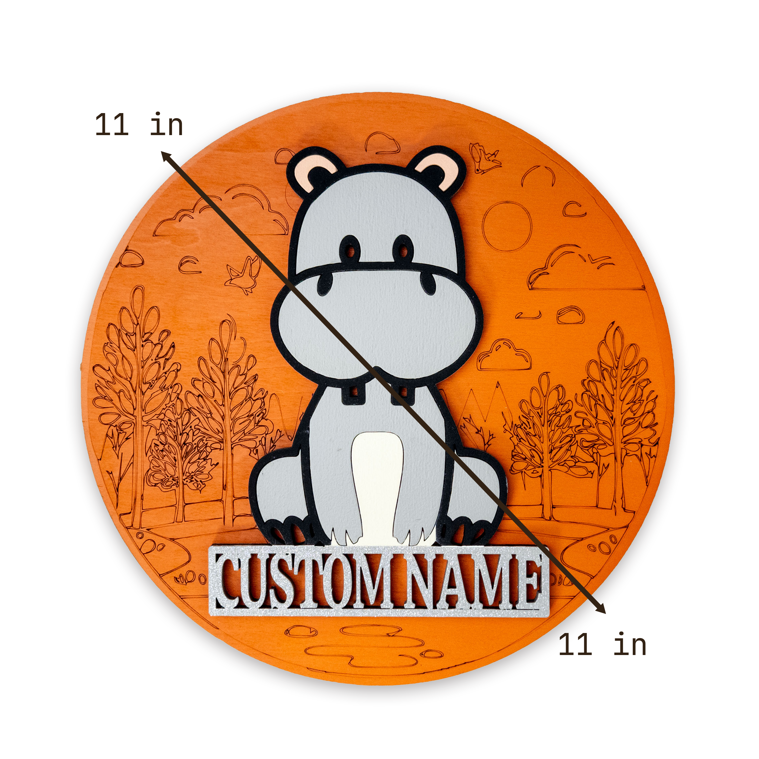 Multilayer 3D laser-cut hippo name sign wall art, Baltic Birch Plywood