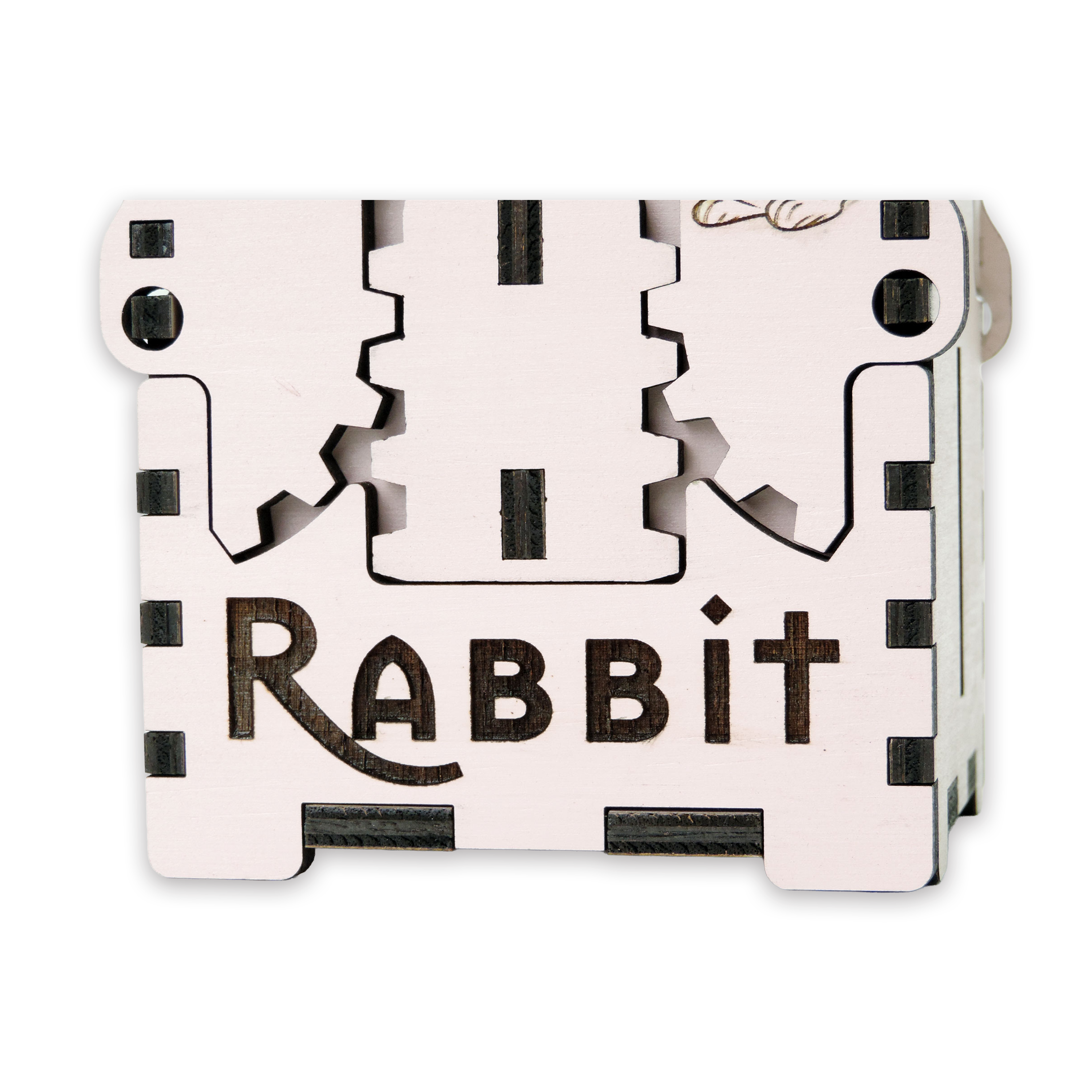 Laser-cut white rabbit box, pink-painted birch plywood