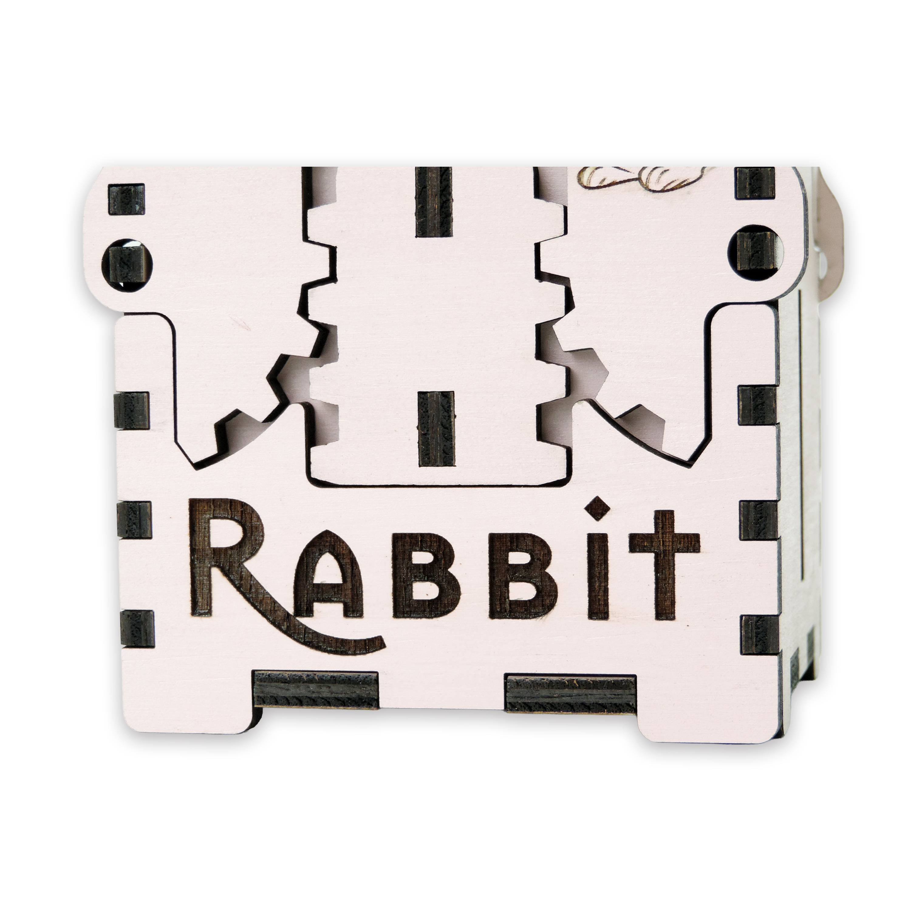 Laser-cut white rabbit box, pink-painted birch plywood
