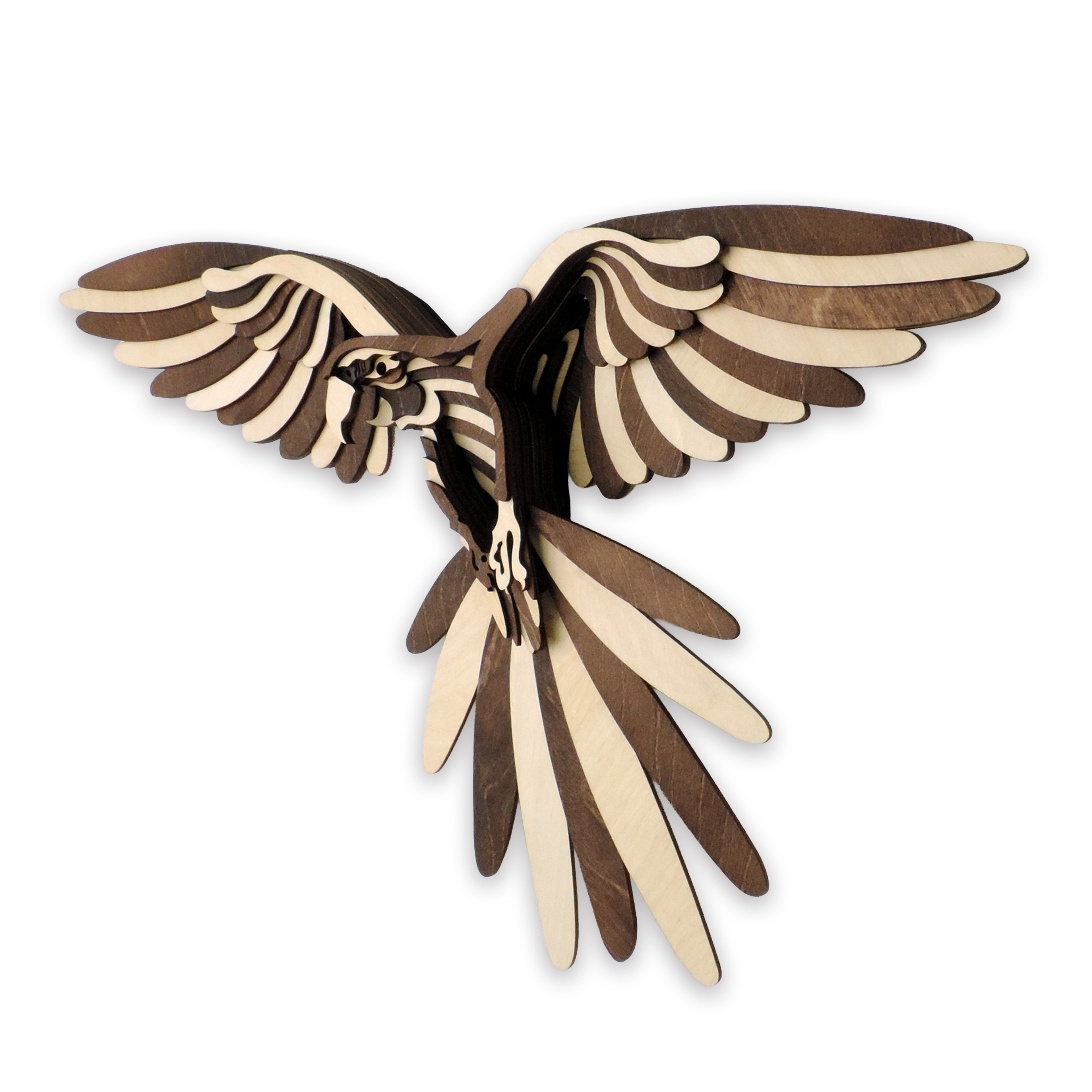 Multilayer 3D laser-cut macaw wall art, Baltic Birch Plywood — walnut maple, small (12 × 7.5 in)