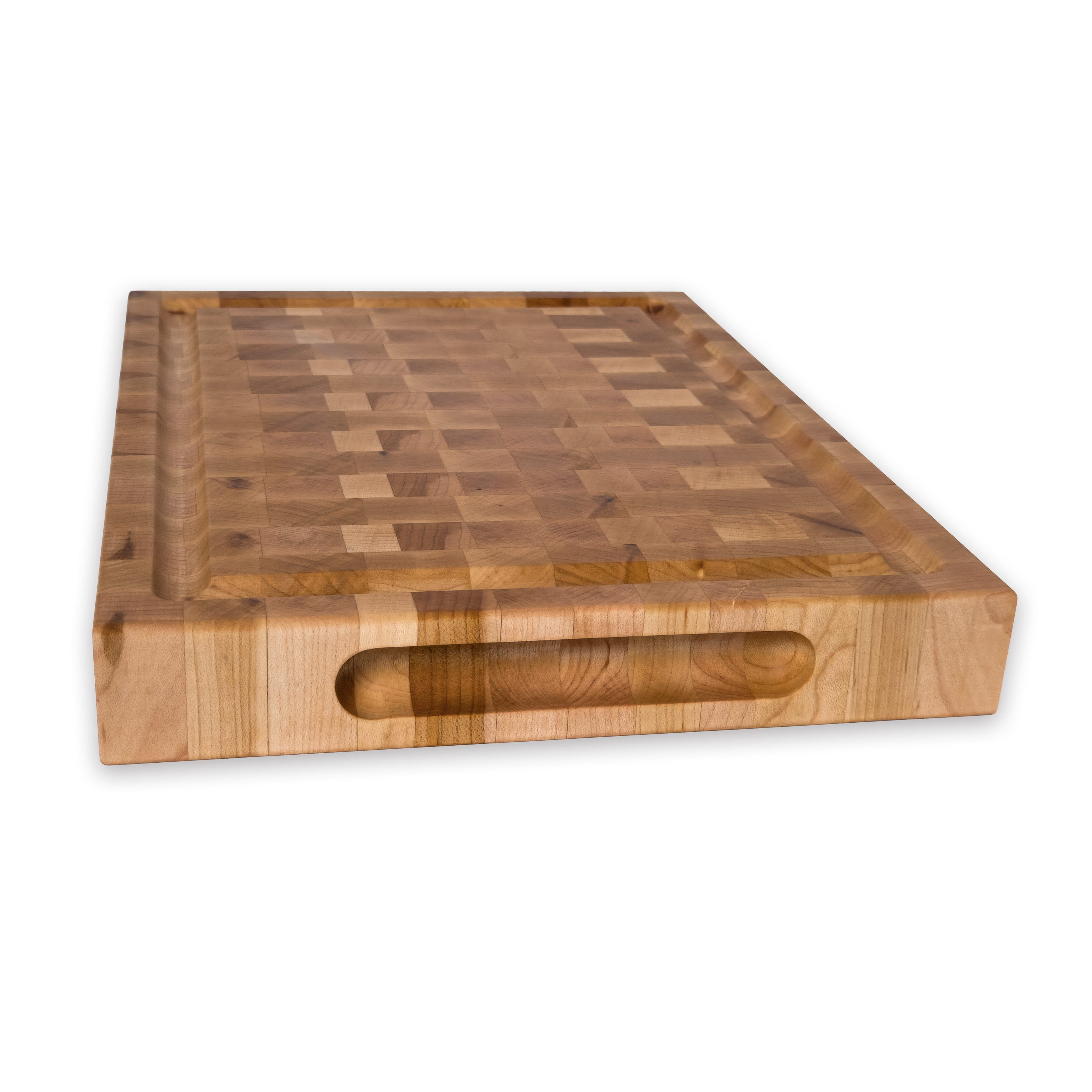 Maple end grain butcher block cutting board with juice groove — 12 × 9 in