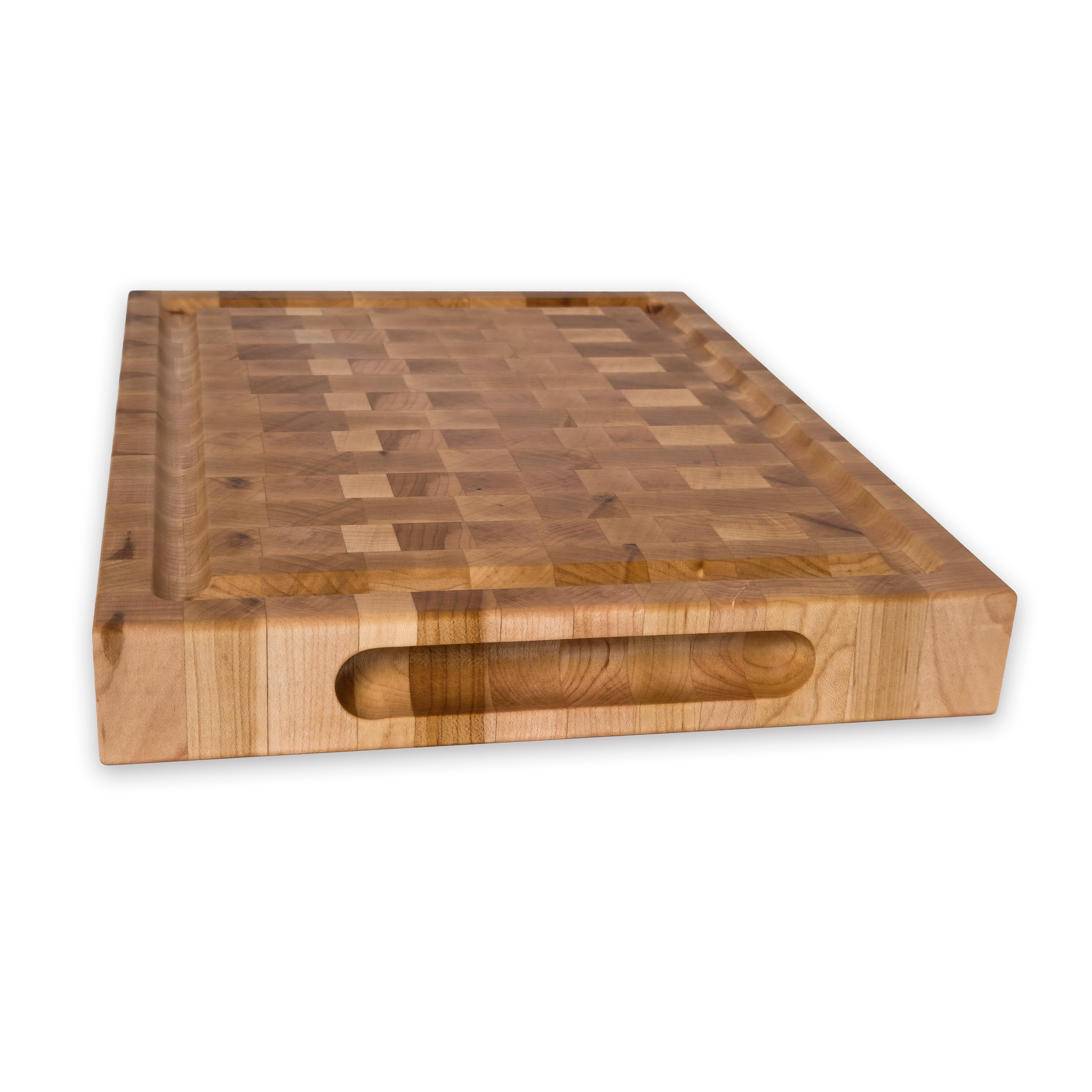 Maple end grain butcher block cutting board with juice groove — 12 × 9 in