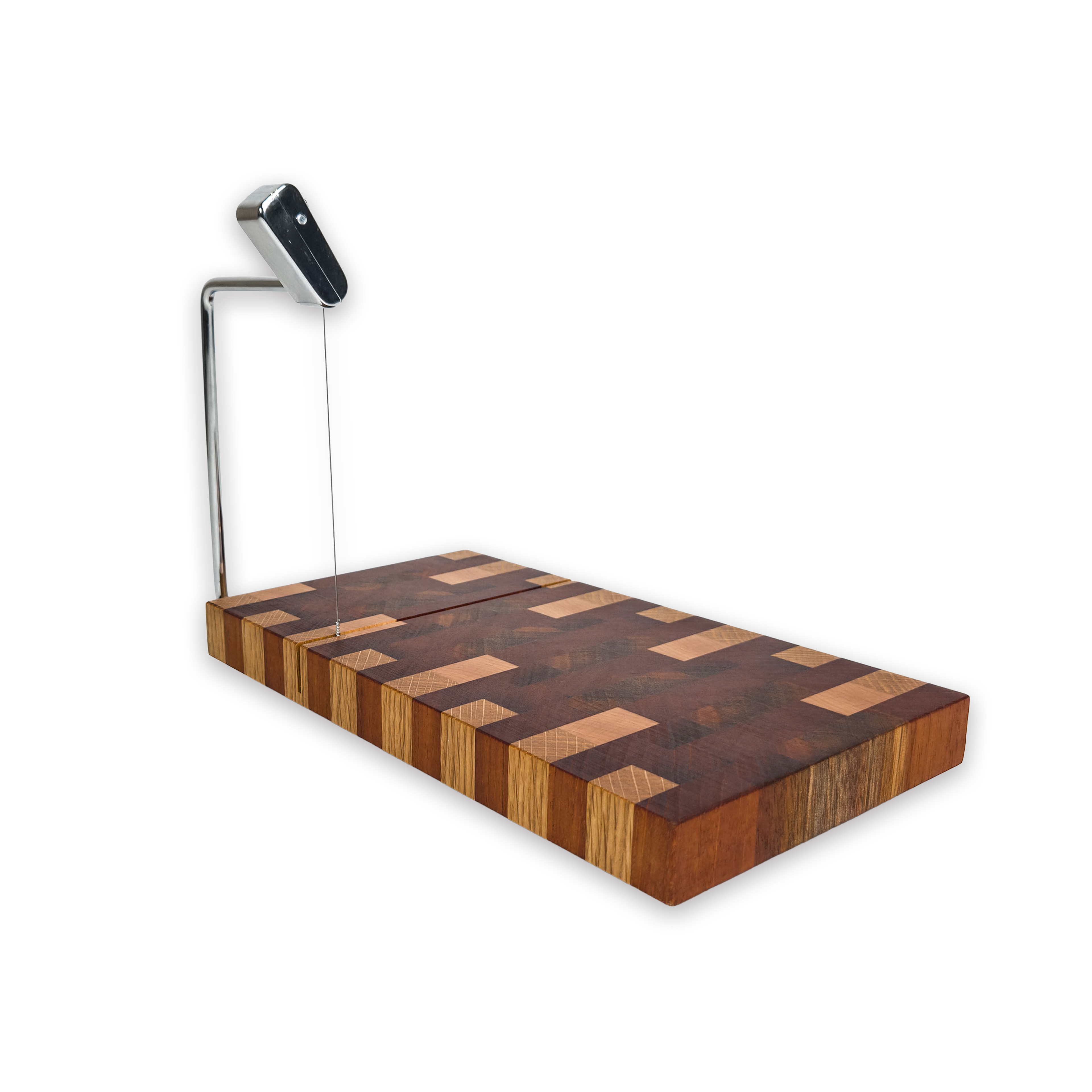 End grain oak, walnut & cherry mosaic cheese slicer board with wire cutter, oiled hardwood