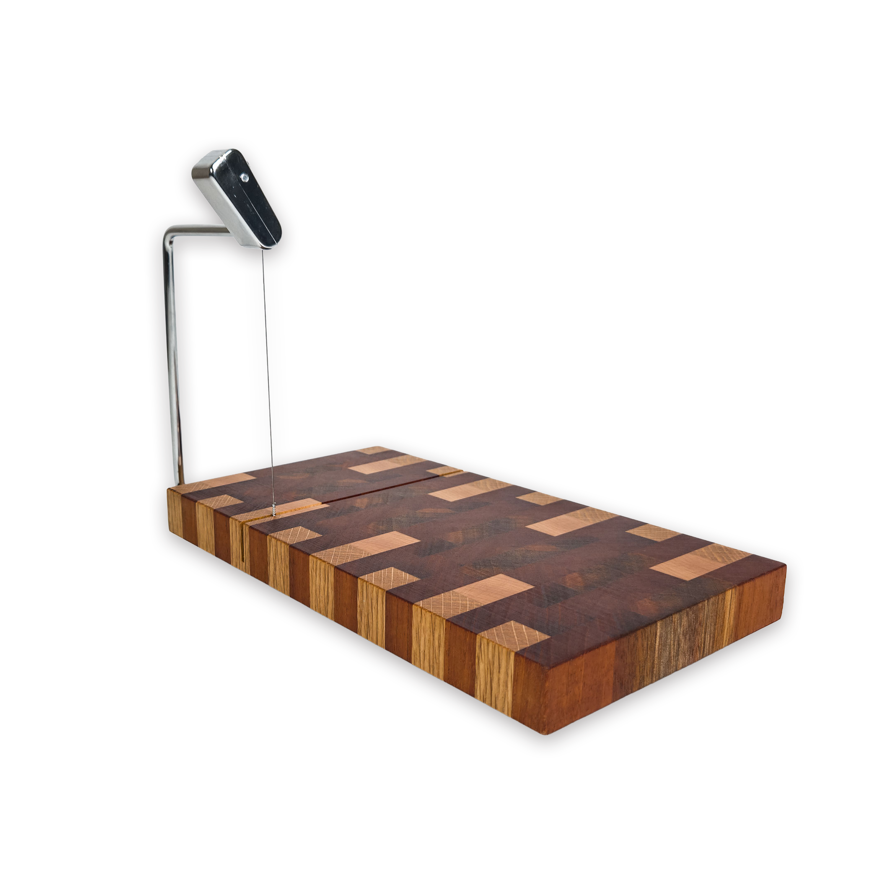 End grain oak, walnut & cherry mosaic cheese slicer board with wire cutter, oiled hardwood