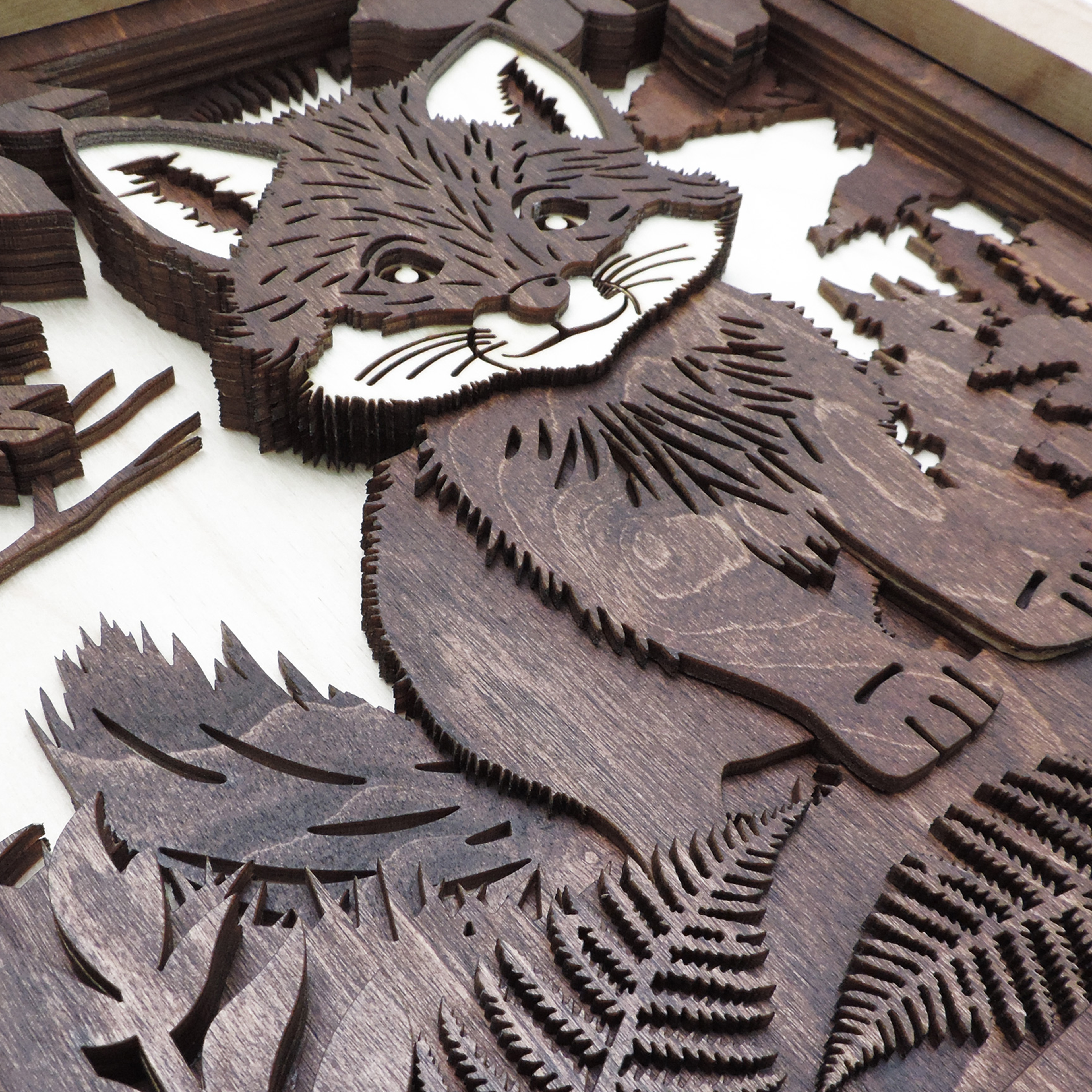 Multilayer 3D laser-cut baby fox wall art, Baltic Birch Plywood