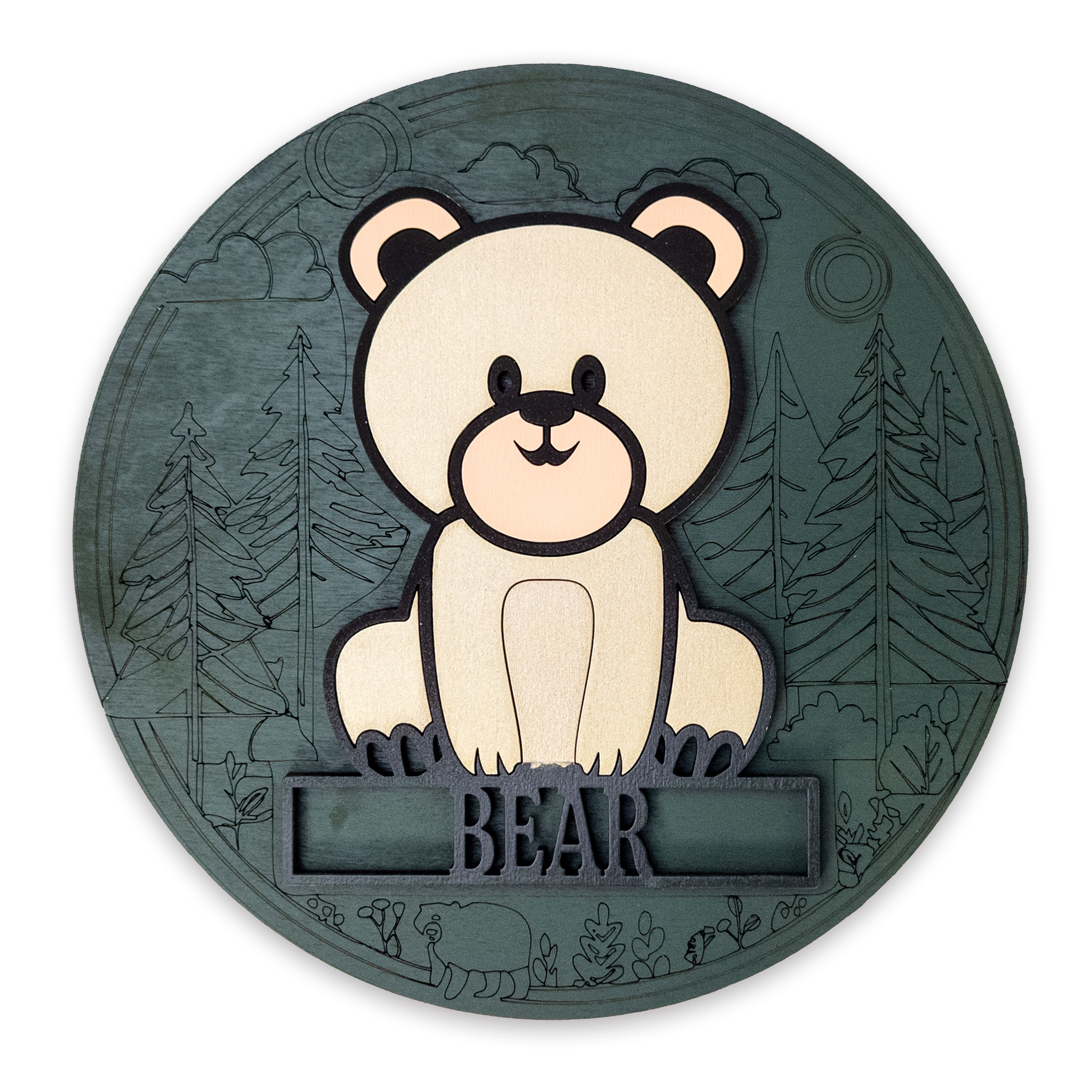 Multilayer 3D laser-cut baby bear name sign wall art, Baltic Birch Plywood