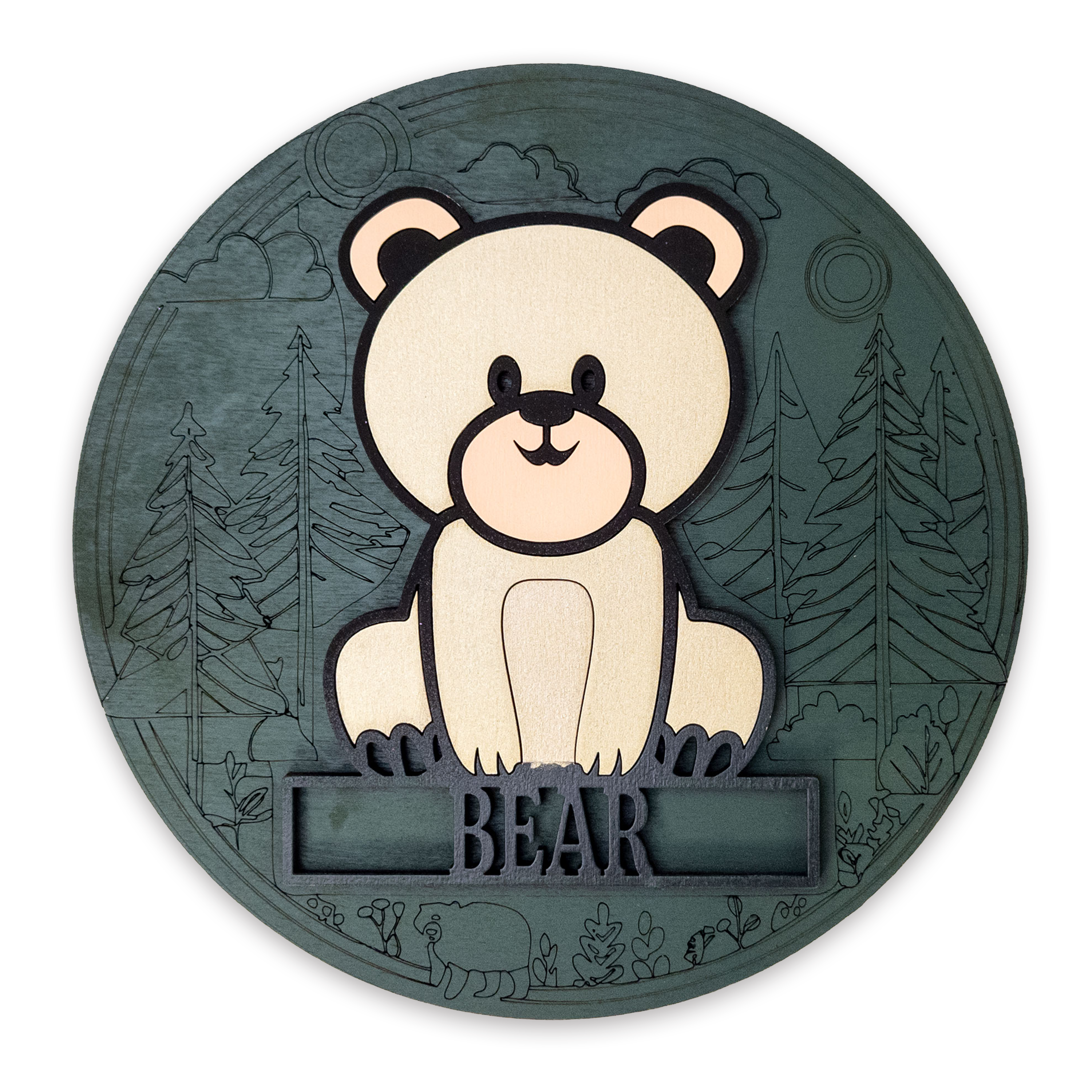 Multilayer 3D laser-cut baby bear name sign wall art, Baltic Birch Plywood