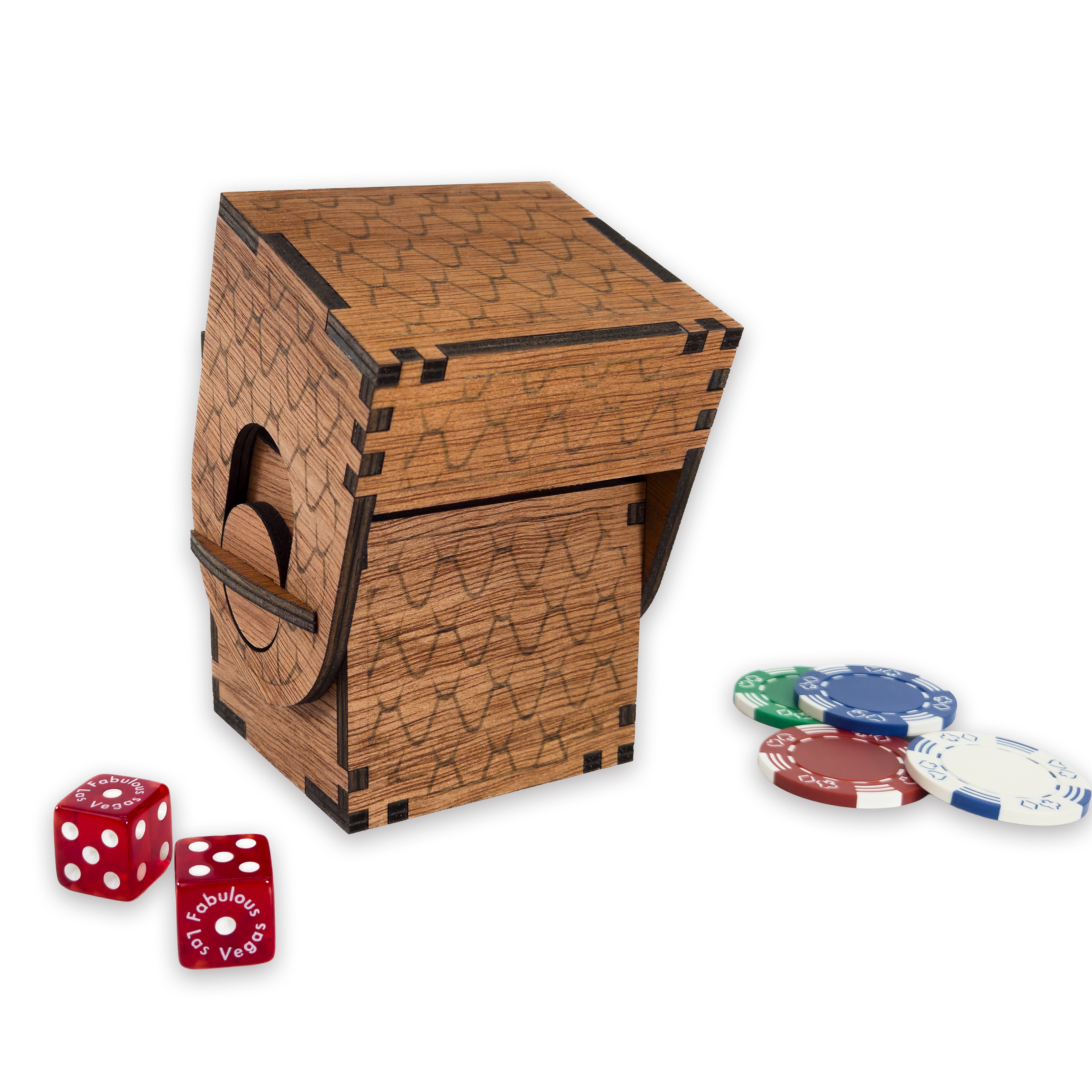 Laser-cut dragon scale deck box, cherry-finished birch plywood