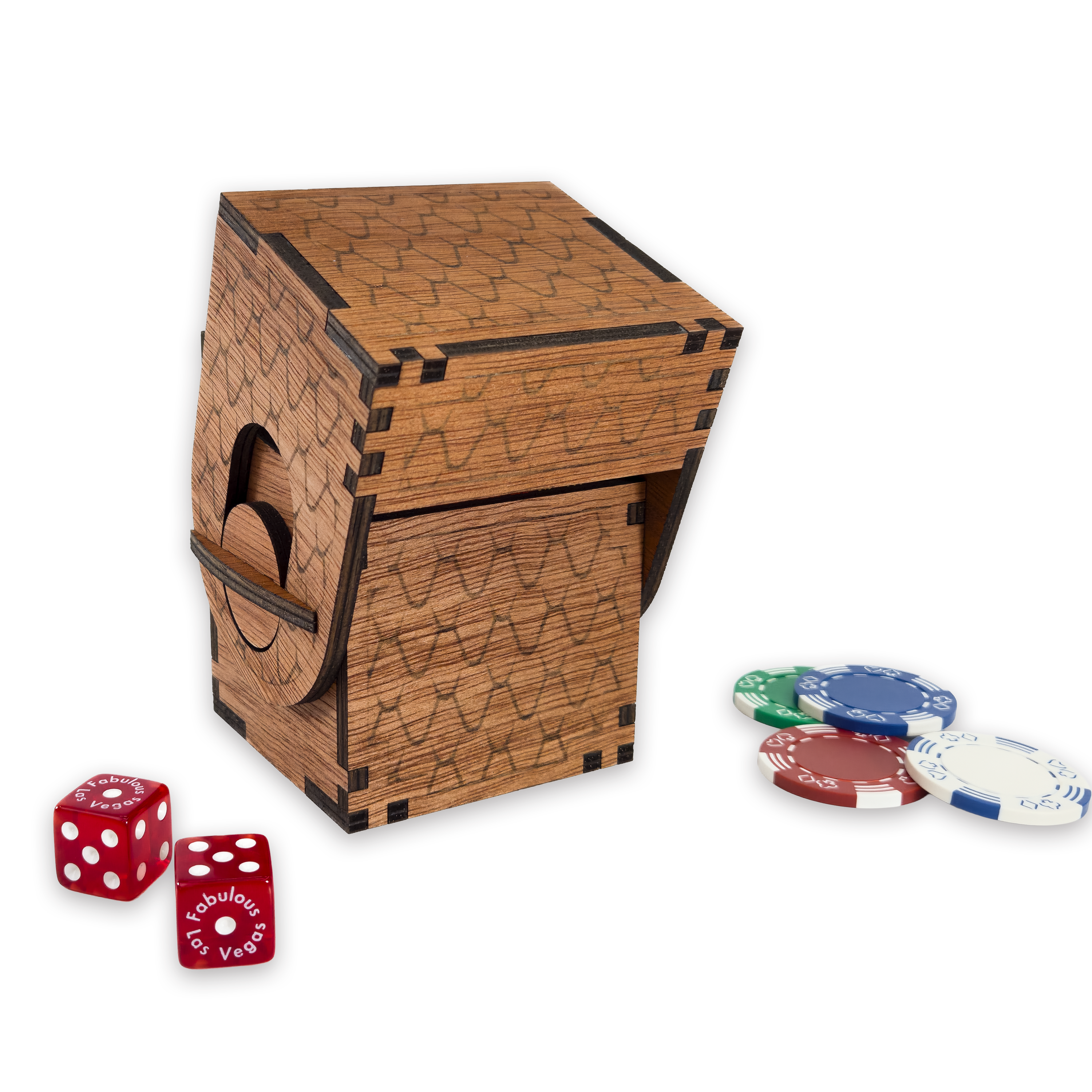 Laser-cut dragon scale deck box, cherry-finished birch plywood