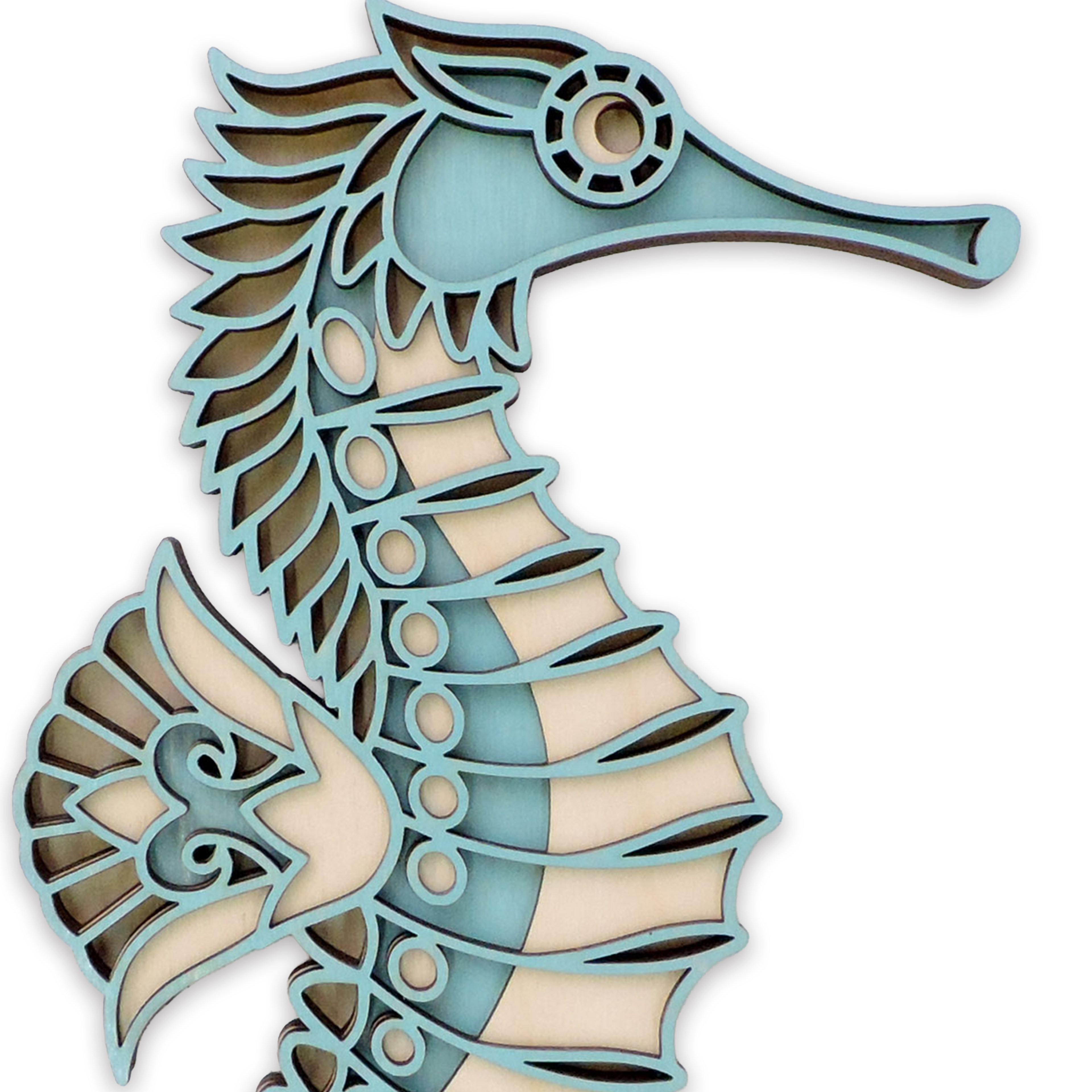 Multilayer 3D laser-cut seahorse wall art, Baltic Birch Plywood
