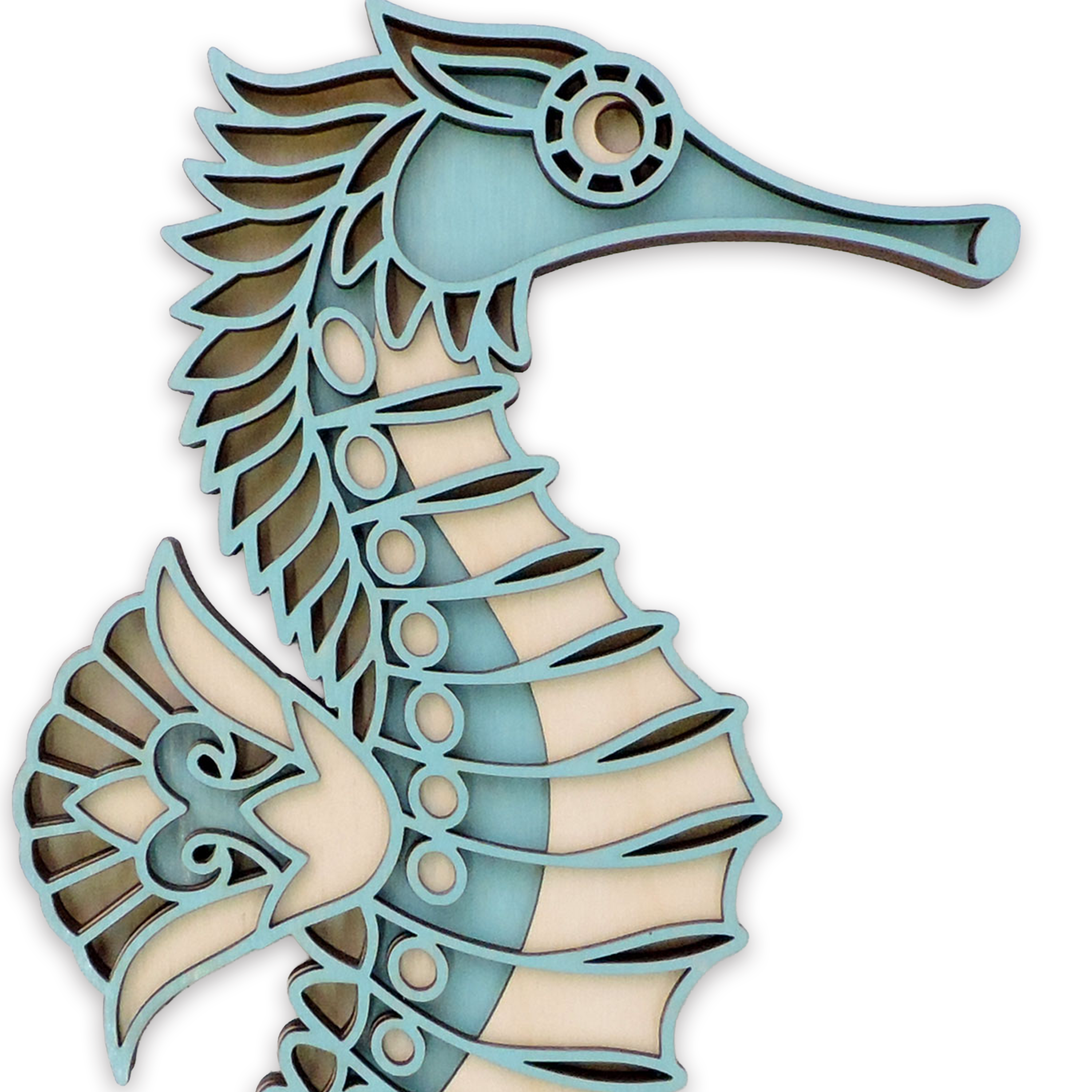 Multilayer 3D laser-cut seahorse wall art, Baltic Birch Plywood