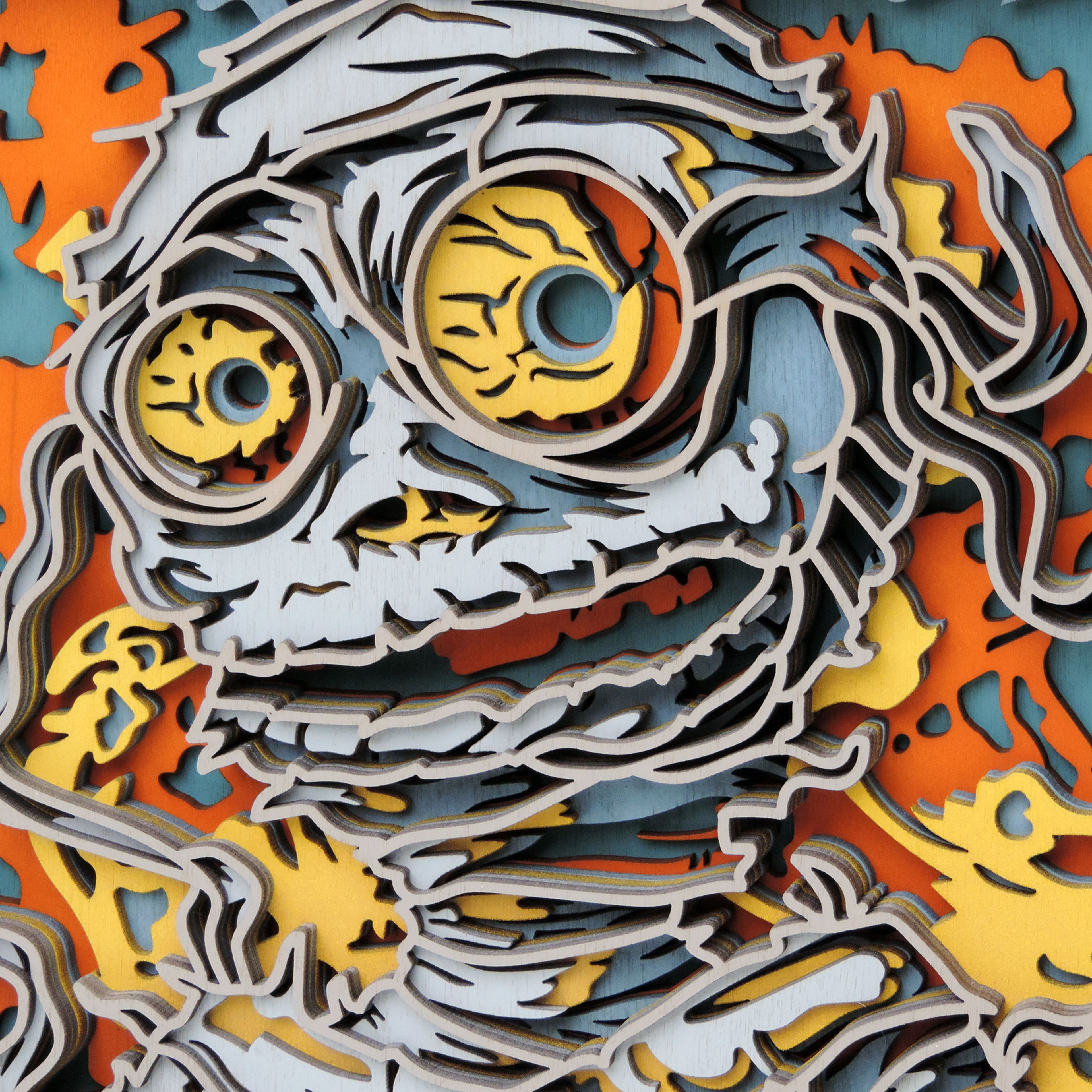 Multilayer 3D laser-cut mummy wall art, Baltic Birch Plywood