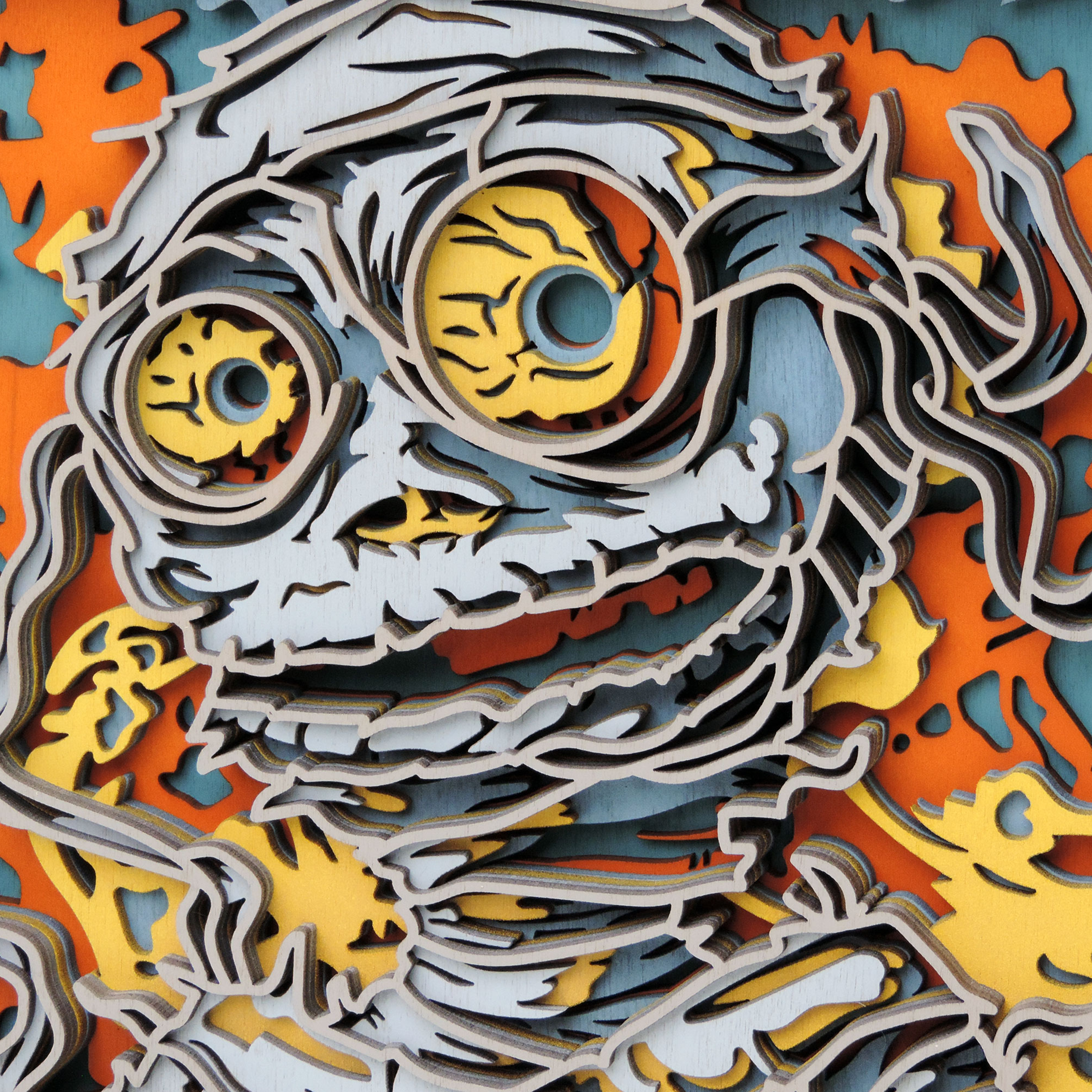 Multilayer 3D laser-cut mummy wall art, Baltic Birch Plywood