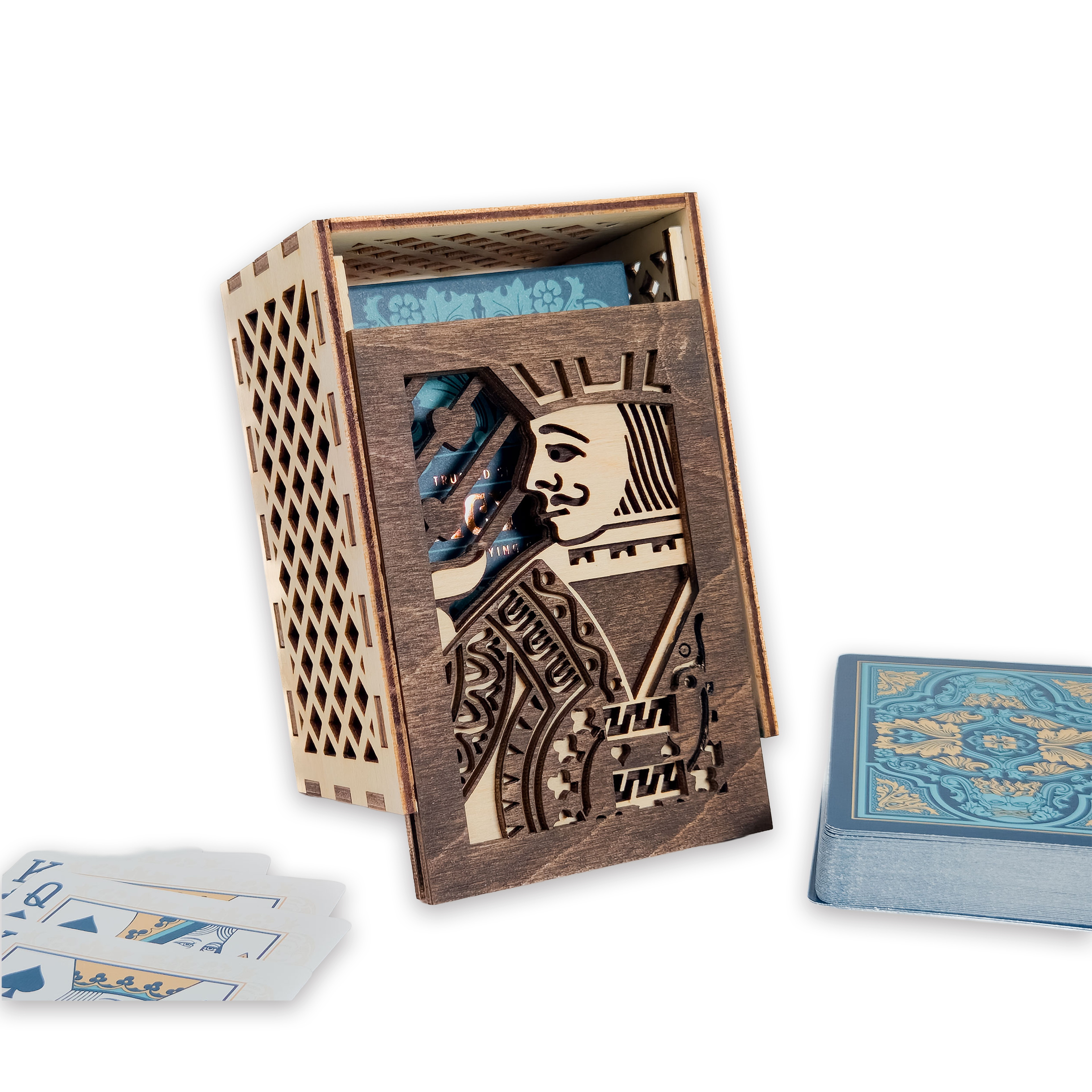 Laser-cut jack of hearts poker card box, walnut & maple birch plywood