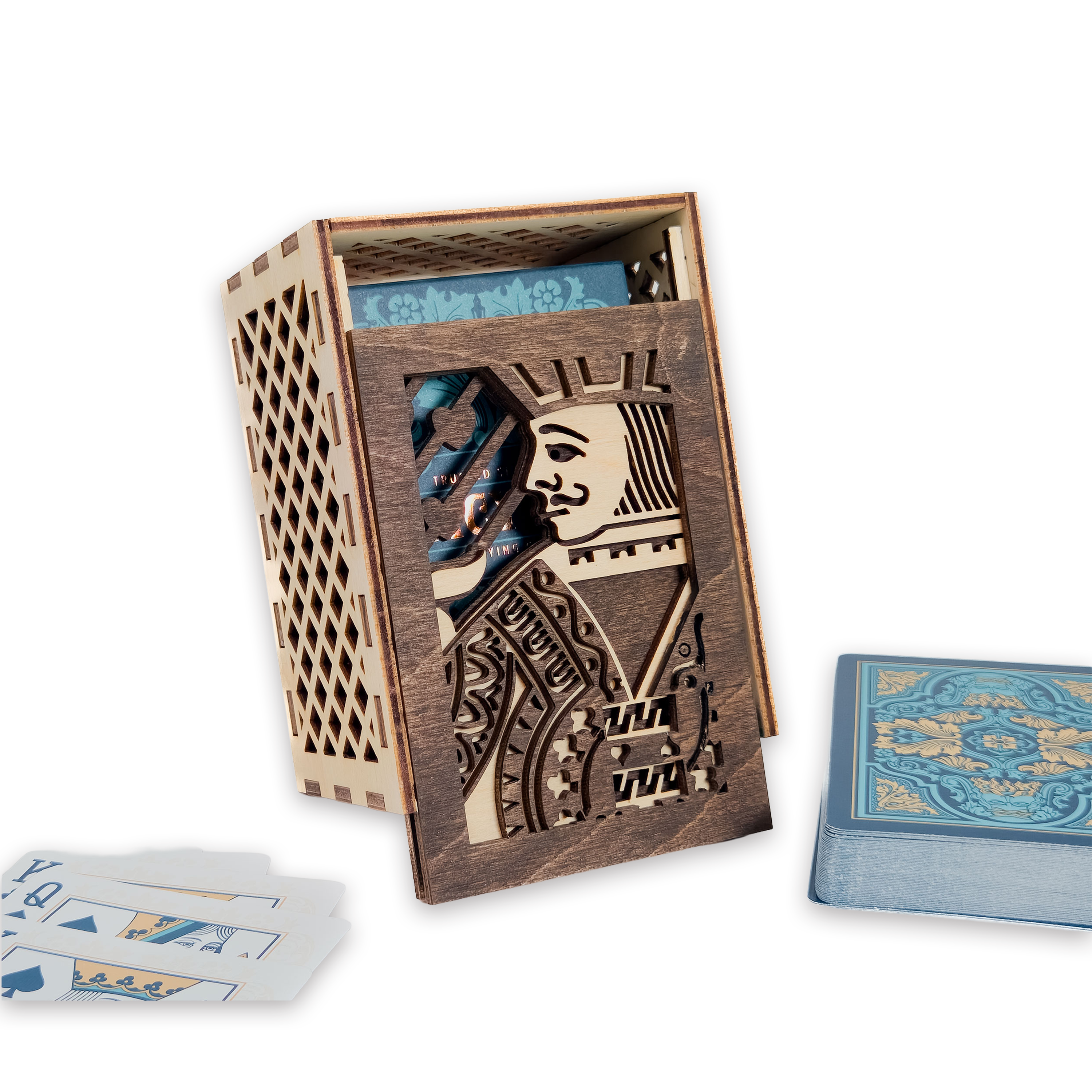 Laser-cut jack of hearts poker card box, walnut & maple birch plywood