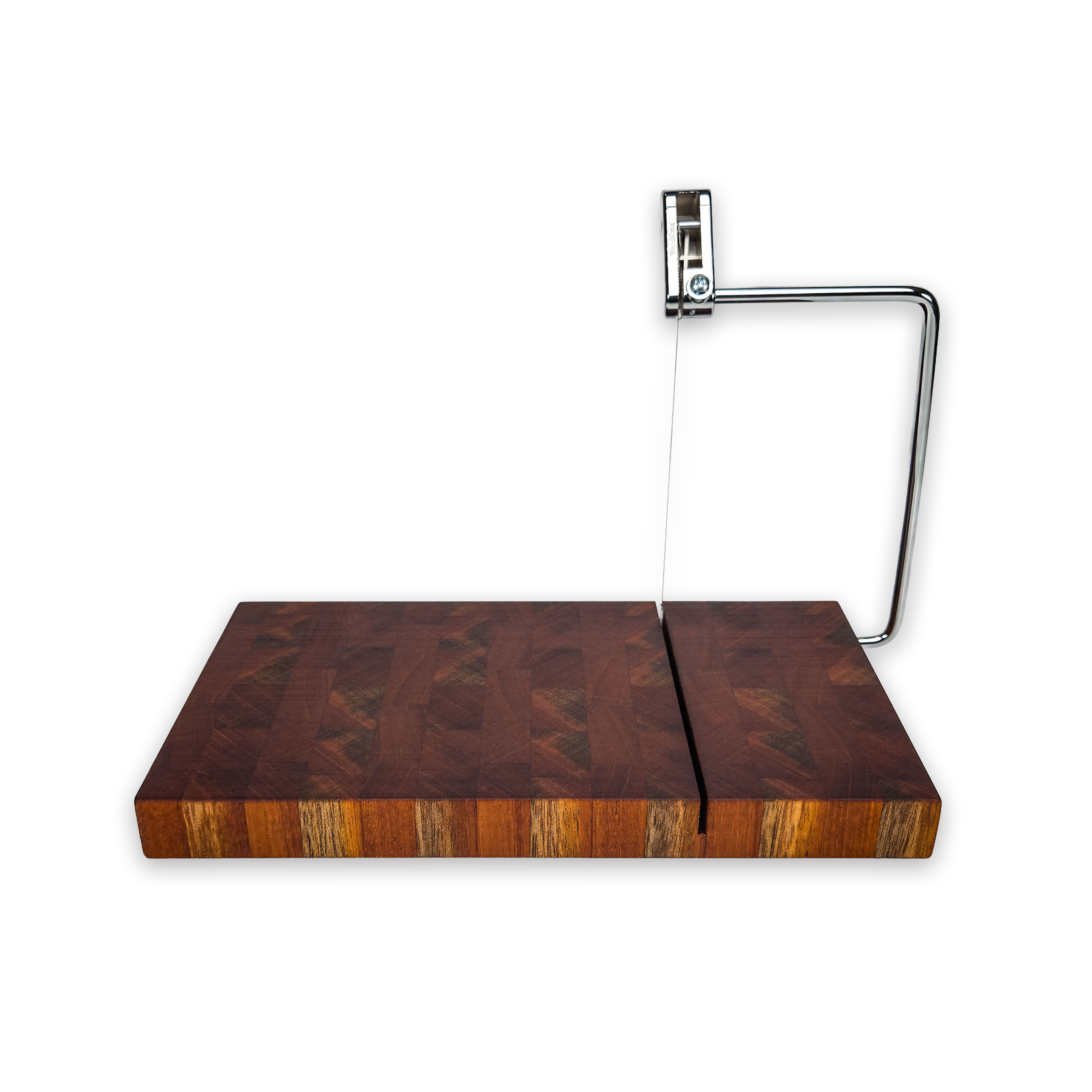 End grain walnut cheese slicer board with wire cutter, oiled hardwood