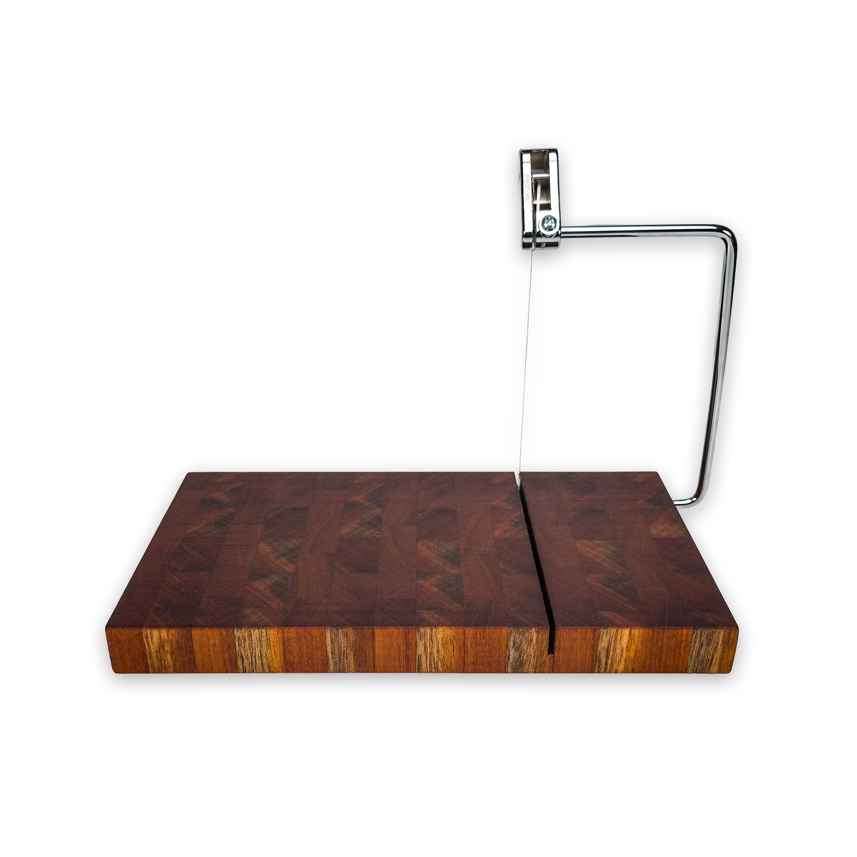 End grain walnut cheese slicer board with wire cutter, oiled hardwood