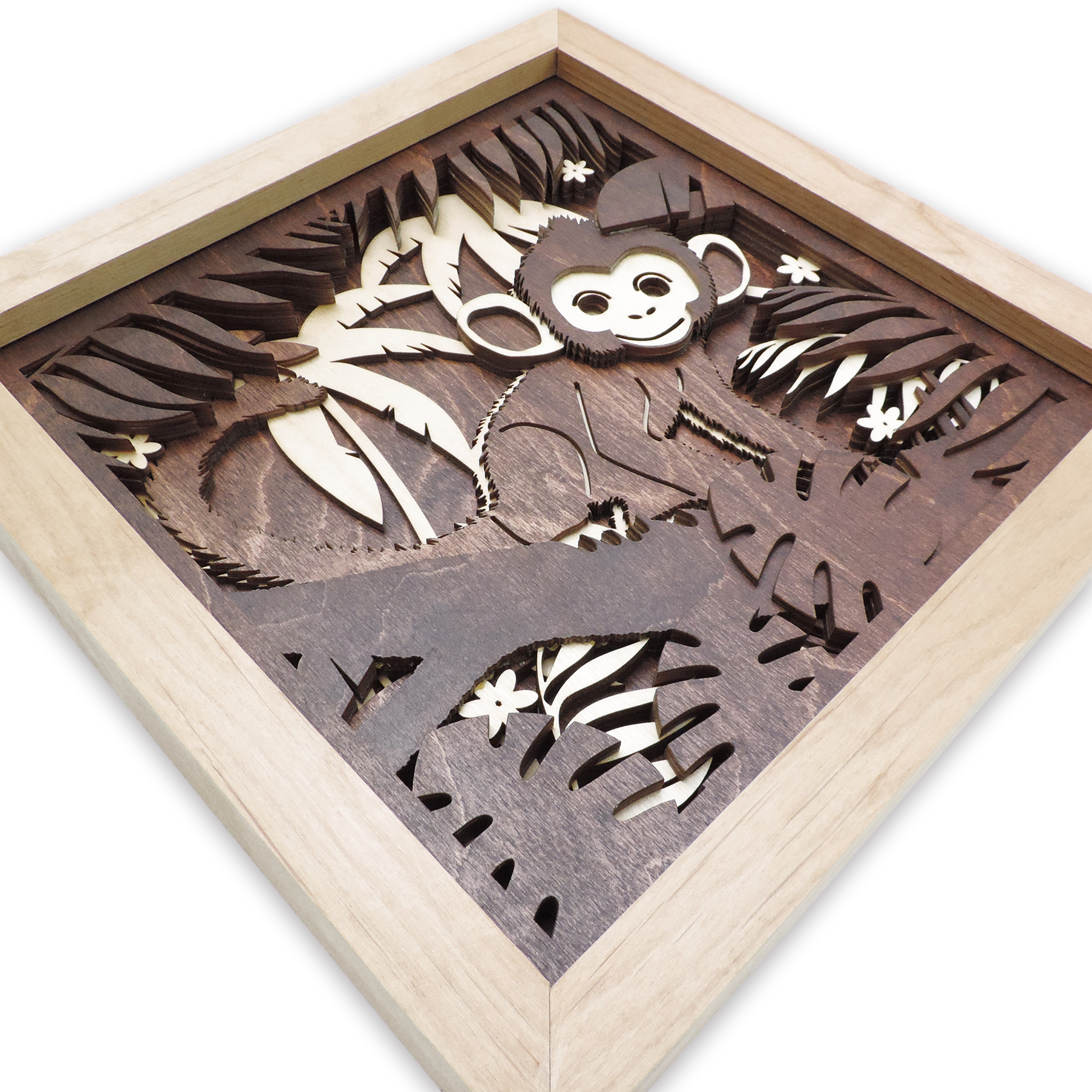 Multilayer 3D laser-cut baby monkey wall art, Baltic Birch Plywood