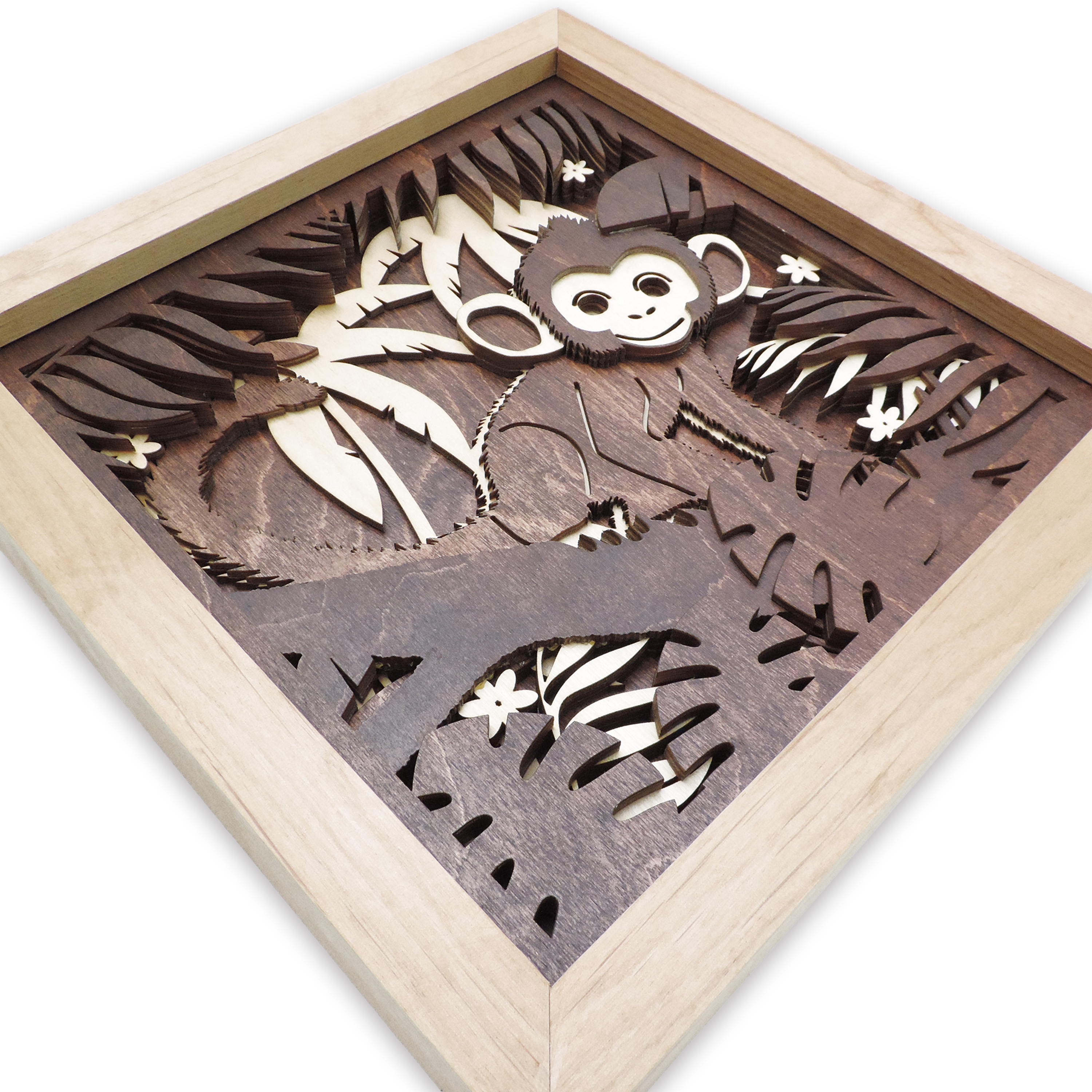 Multilayer 3D laser-cut baby monkey wall art, Baltic Birch Plywood