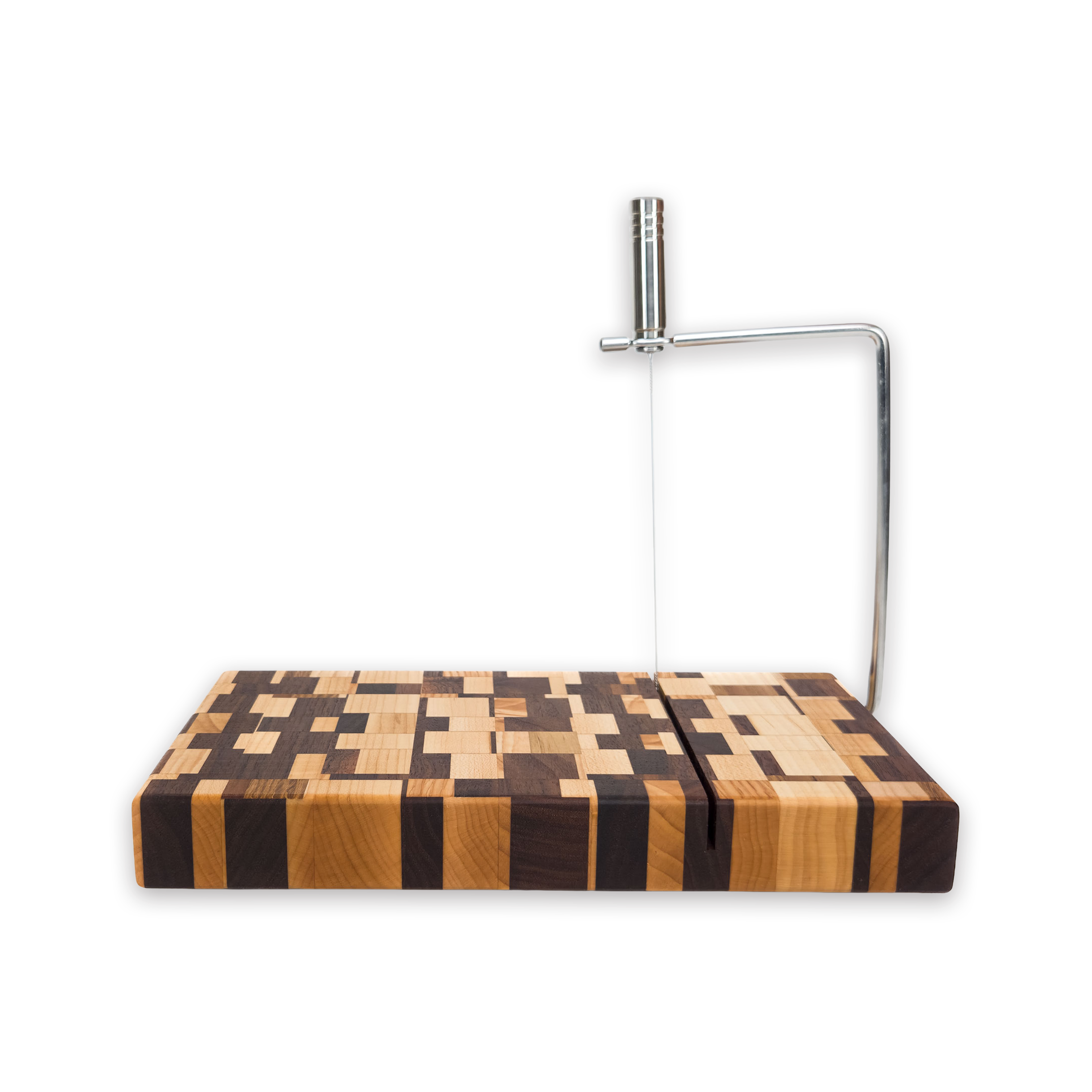 Edge grain maple & walnut cheese slicer board with wire cutter, oiled hardwood