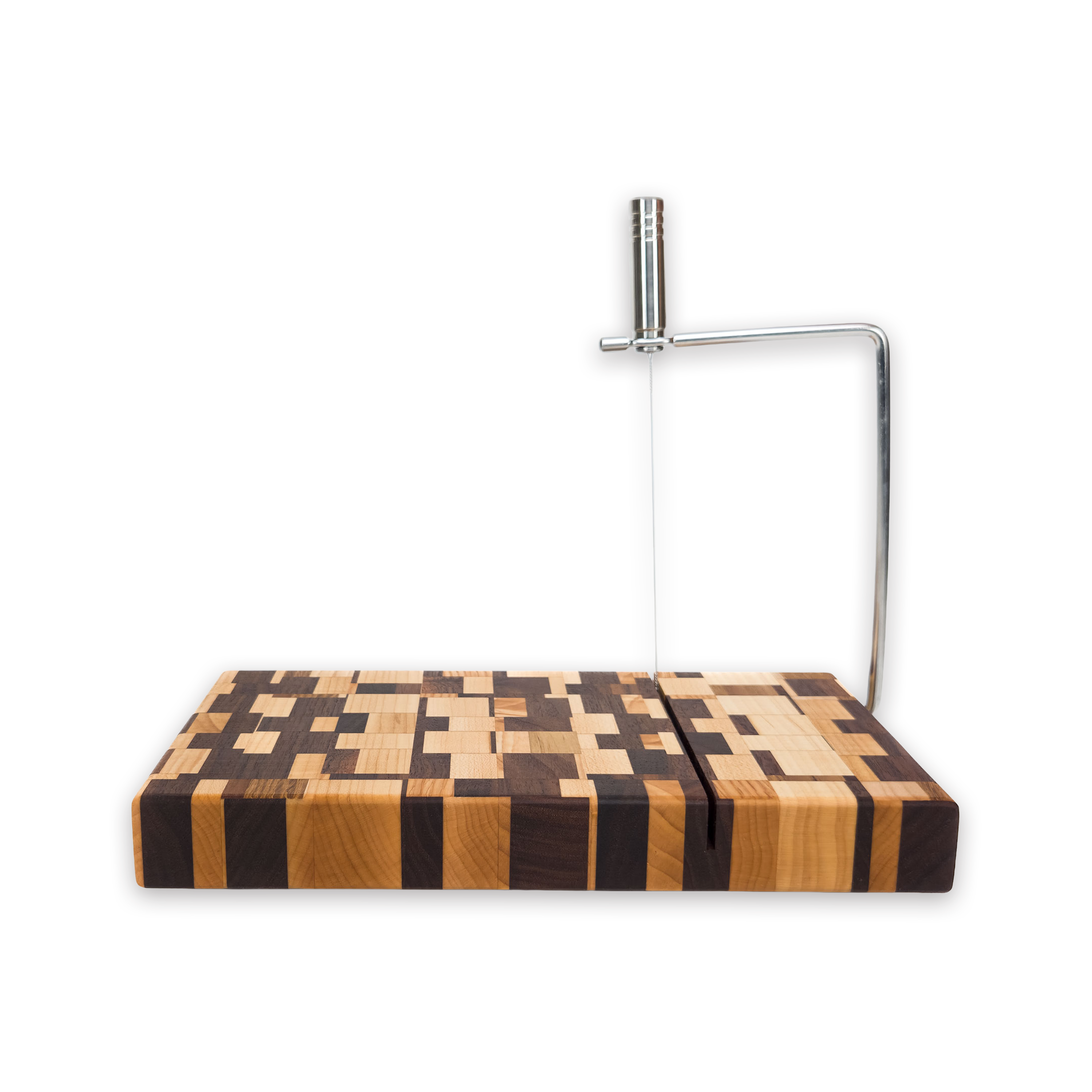 Edge grain maple & walnut cheese slicer board with wire cutter, oiled hardwood