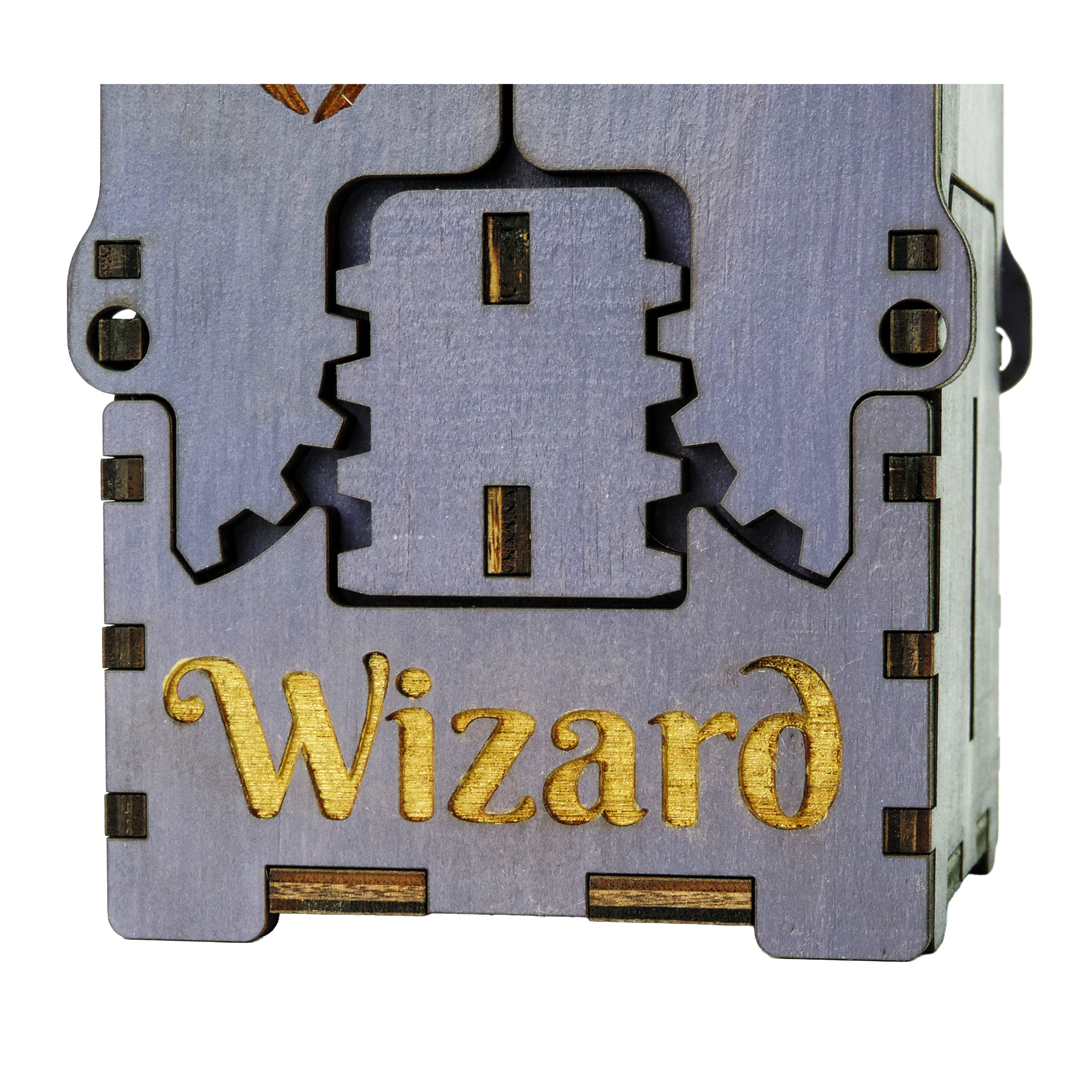 Laser-cut wizard box, purple-painted birch plywood
