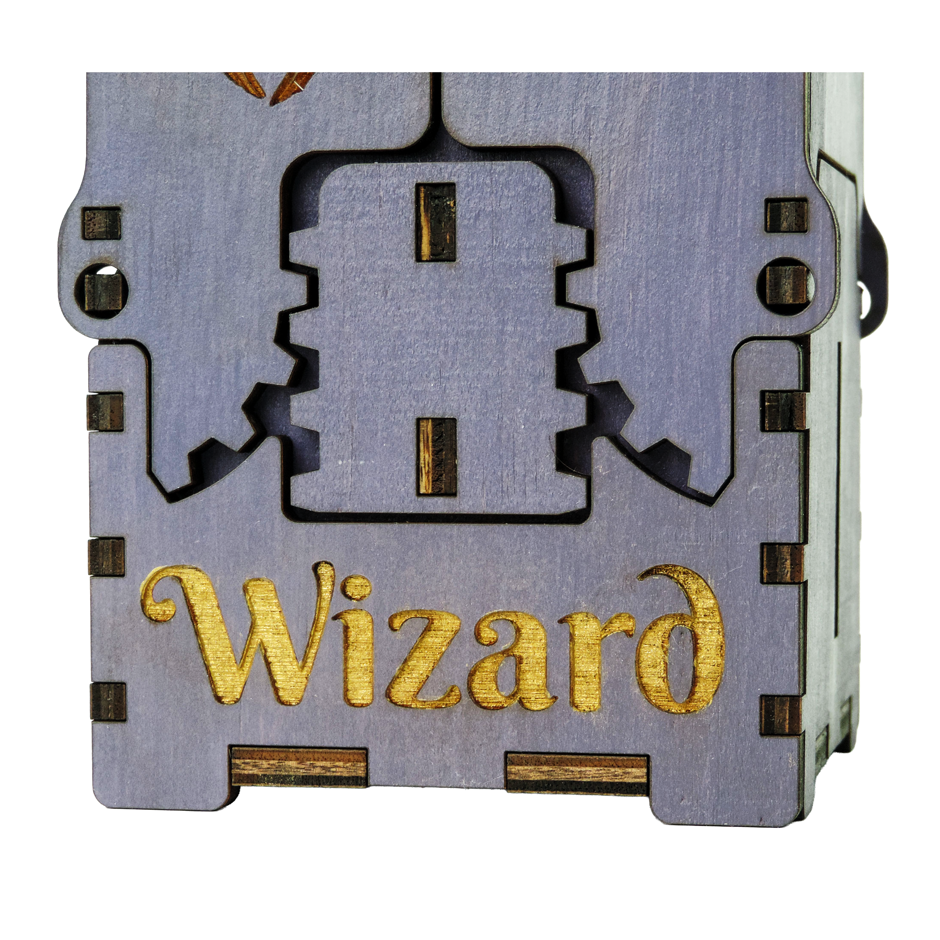 Laser-cut wizard box, purple-painted birch plywood
