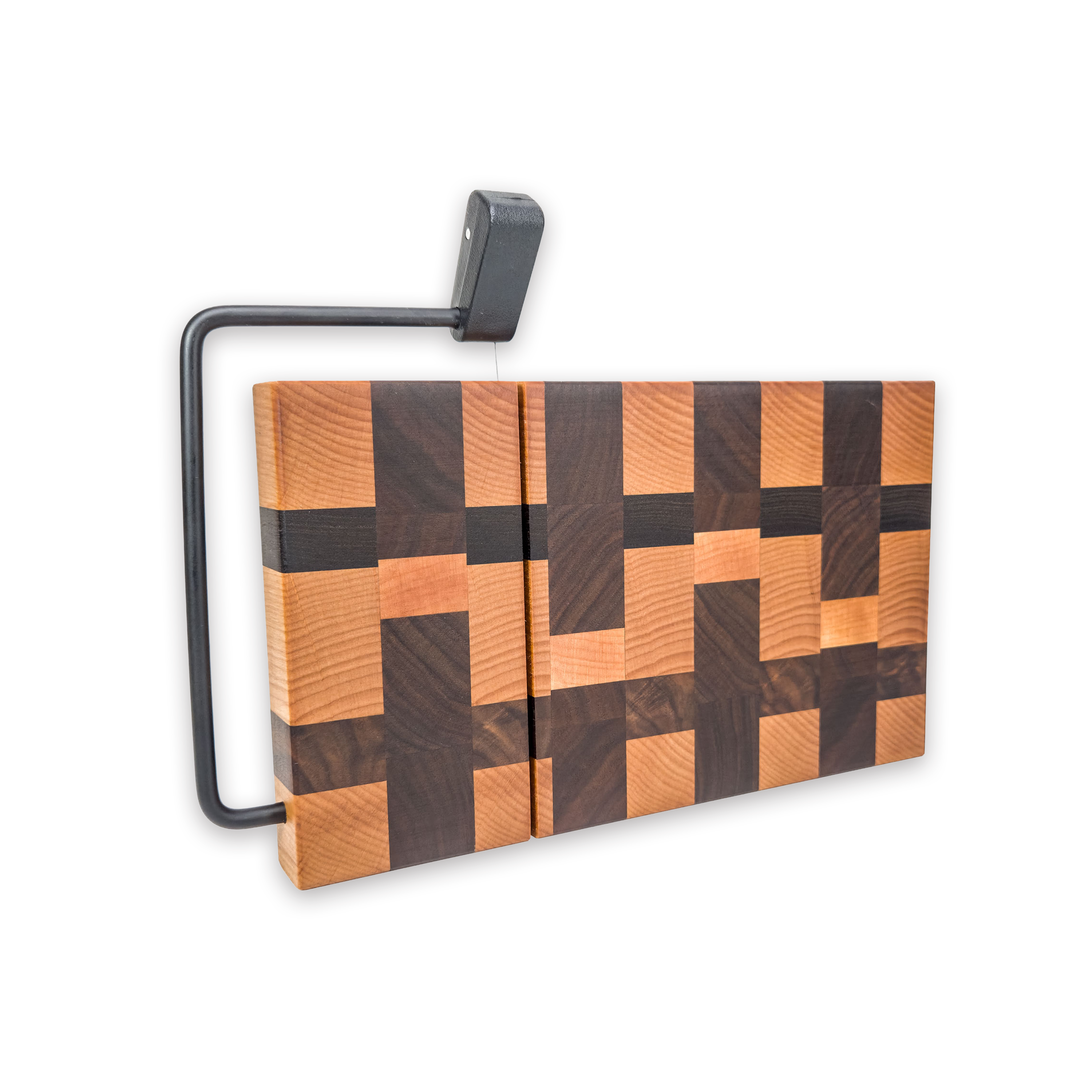 End grain maple & walnut cheese slicer board with wire cutter, oiled hardwood