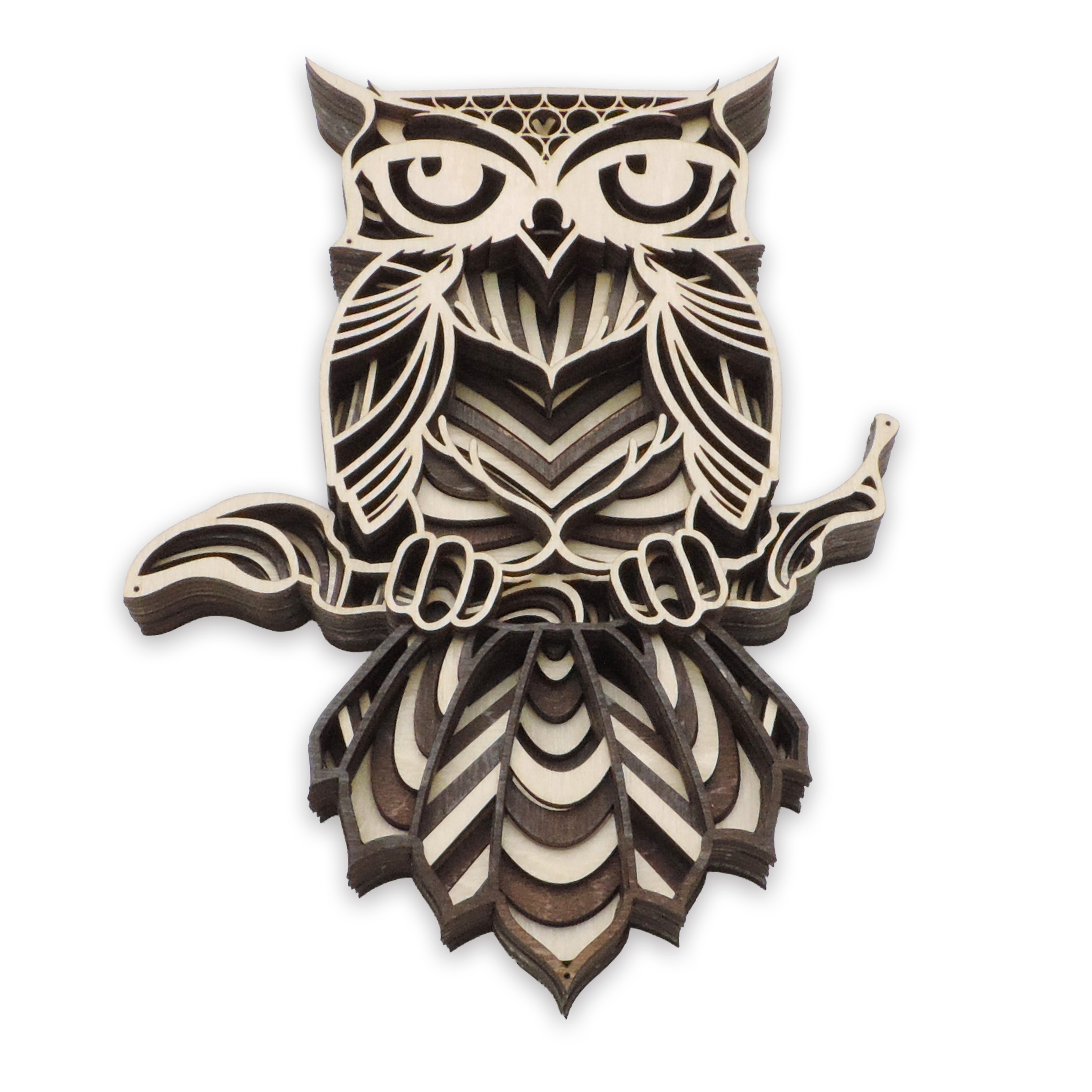 Multilayer 3D laser-cut great horned owl wall art, Baltic Birch Plywood — walnut maple, small (6 × 9 in)