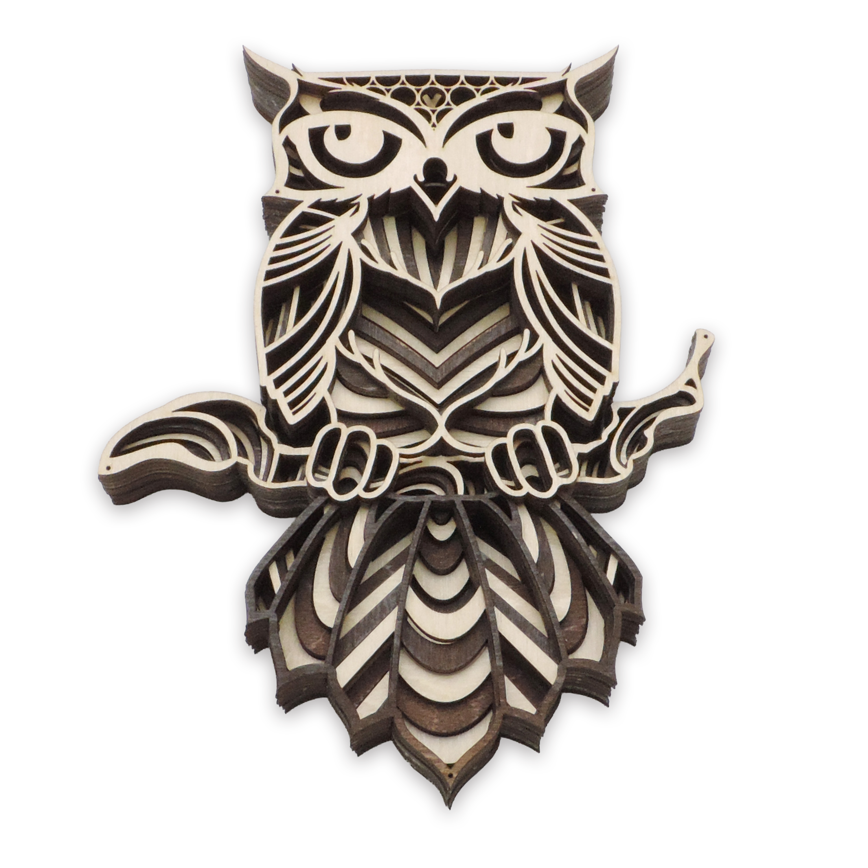 Multilayer 3D laser-cut great horned owl wall art, Baltic Birch Plywood — walnut maple, small (6 × 9 in)