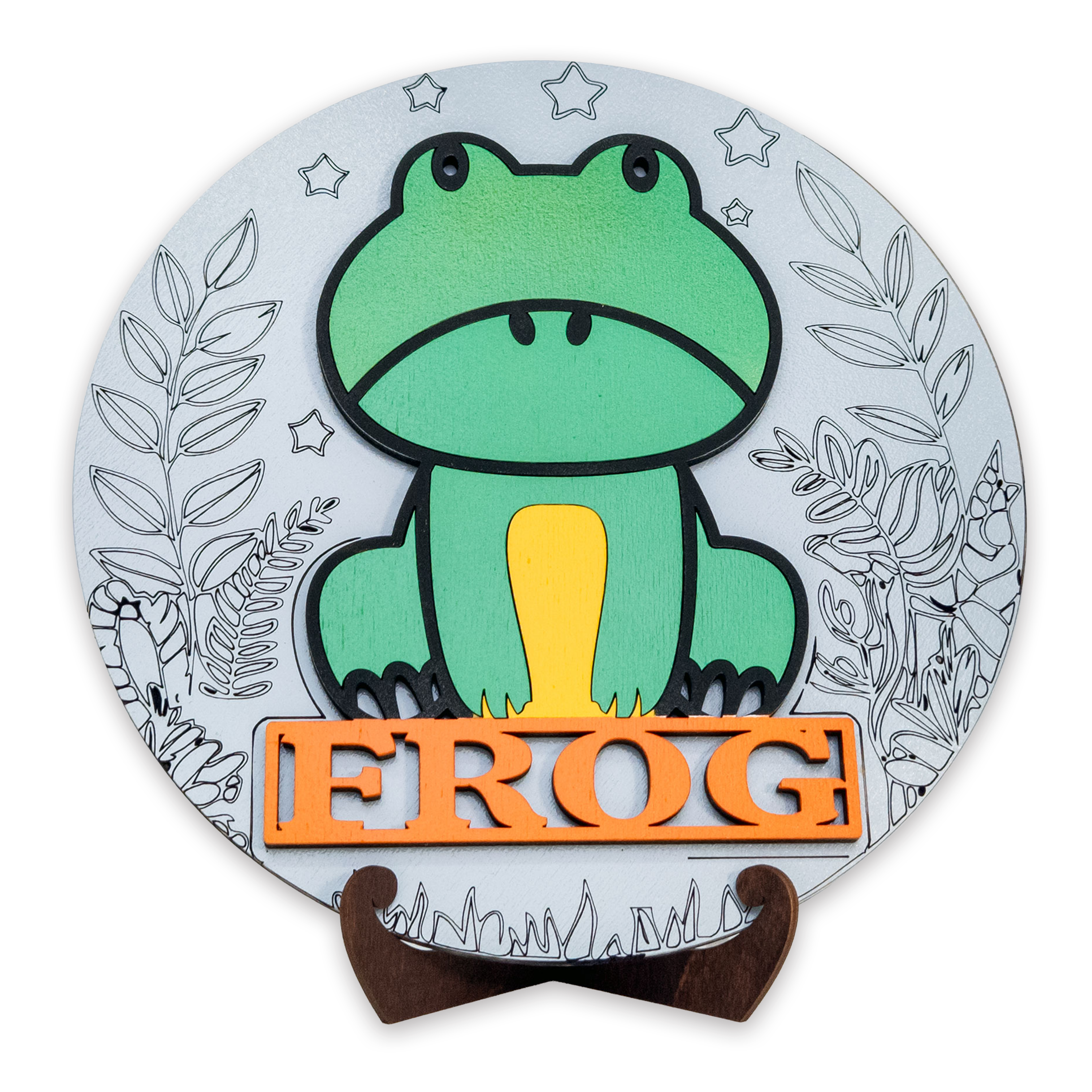 Multilayer 3D laser-cut frog name sign wall art, Baltic Birch Plywood
