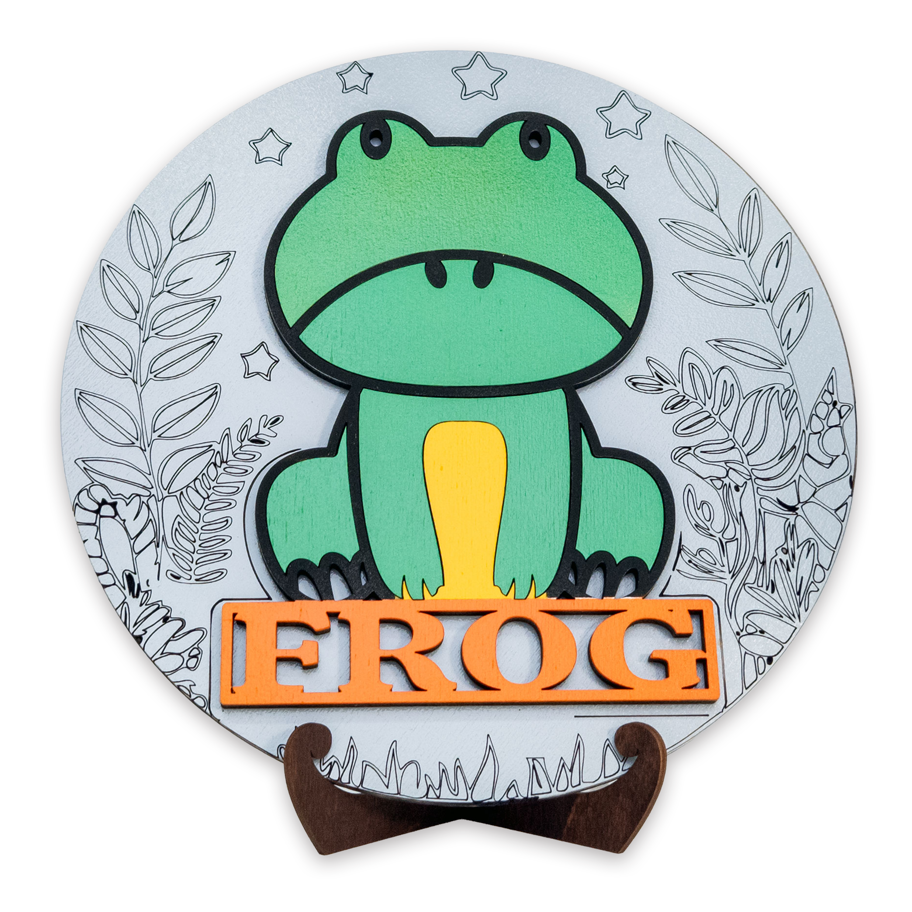 Multilayer 3D laser-cut frog name sign wall art, Baltic Birch Plywood
