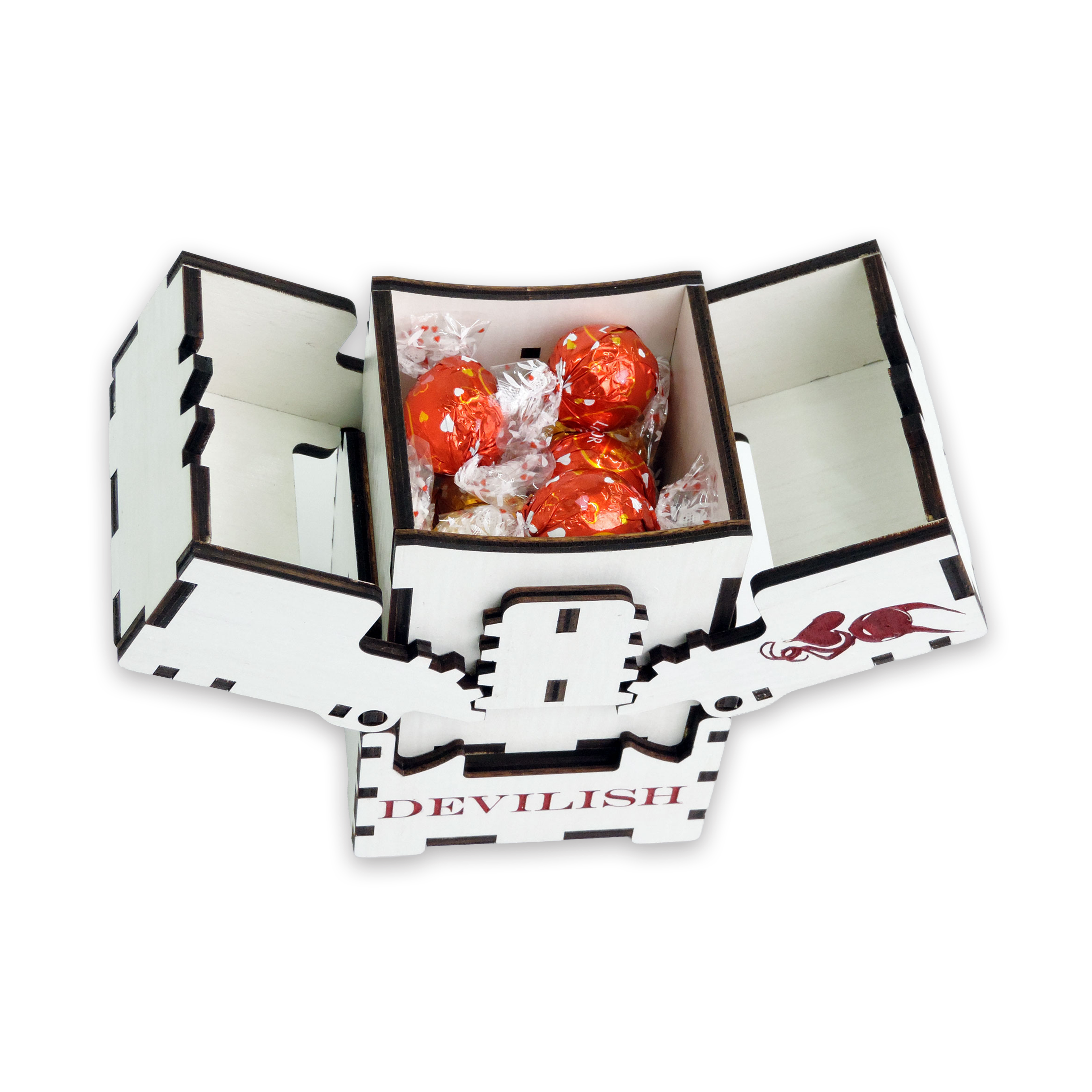 Laser-cut devilish box, white-painted birch plywood