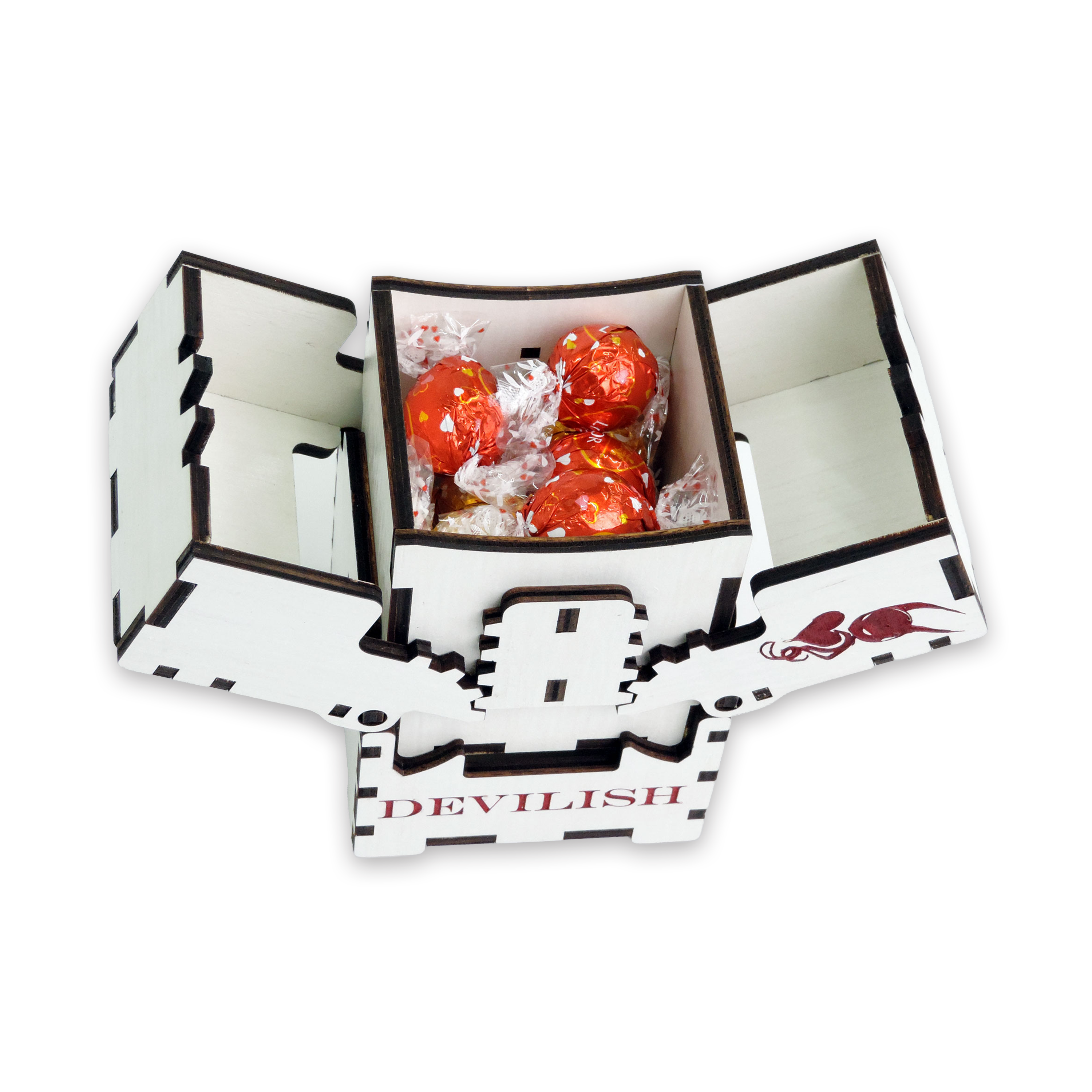 Laser-cut devilish box, white-painted birch plywood