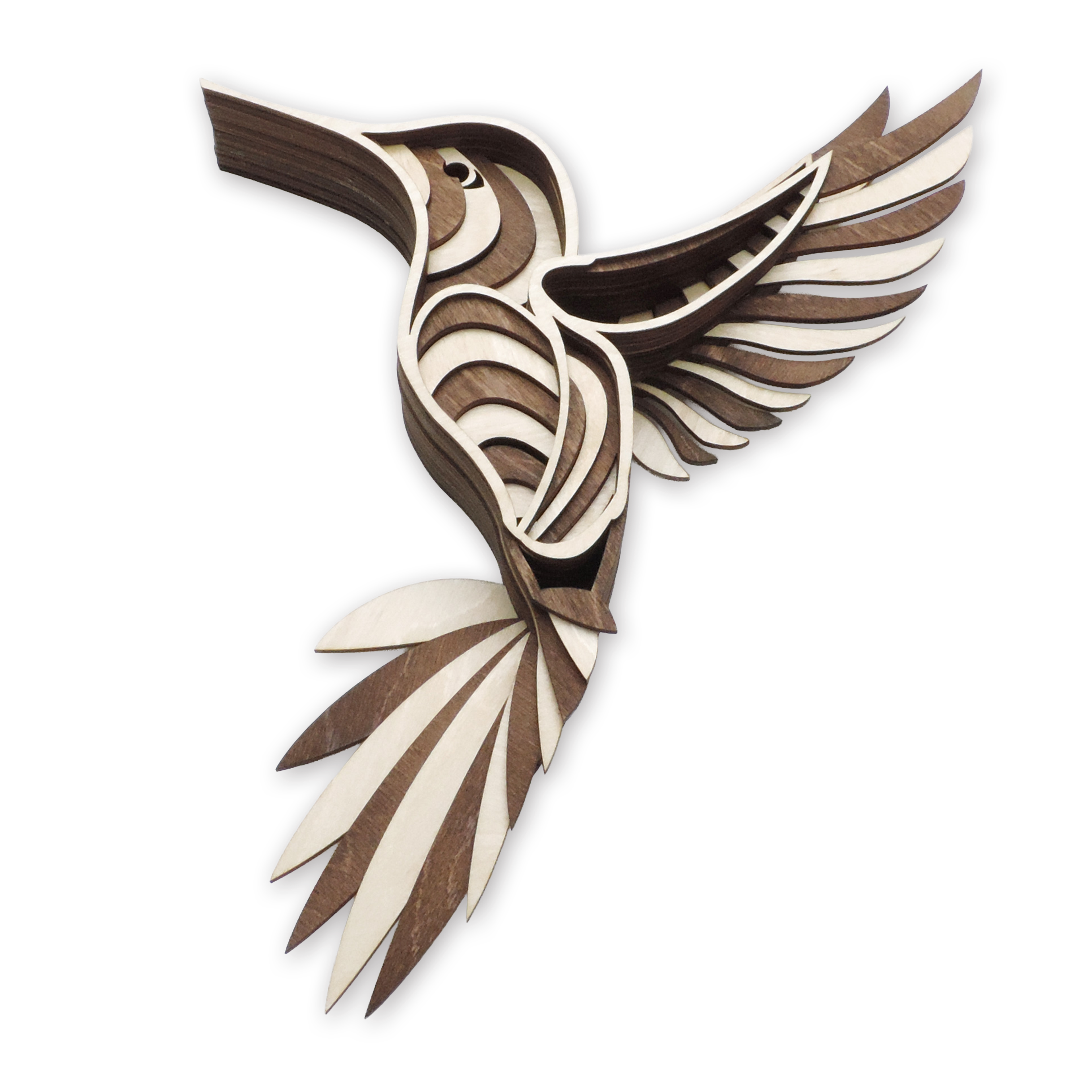 Multilayer 3D laser-cut hummingbird wall art, Baltic Birch Plywood — right-facing, small (6.5 × 9.5 in)