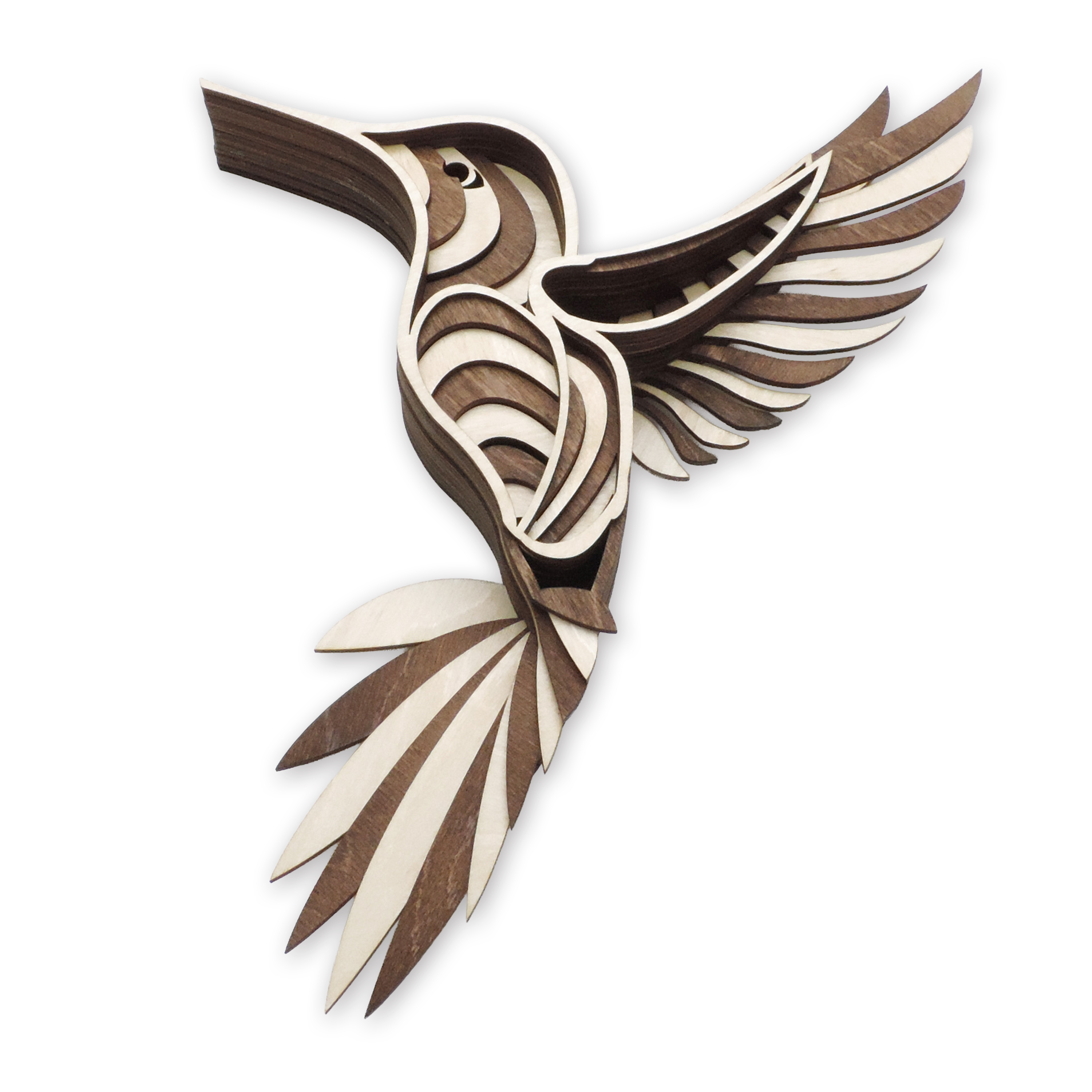 Multilayer 3D laser-cut hummingbird wall art, Baltic Birch Plywood — right-facing, small (6.5 × 9.5 in)