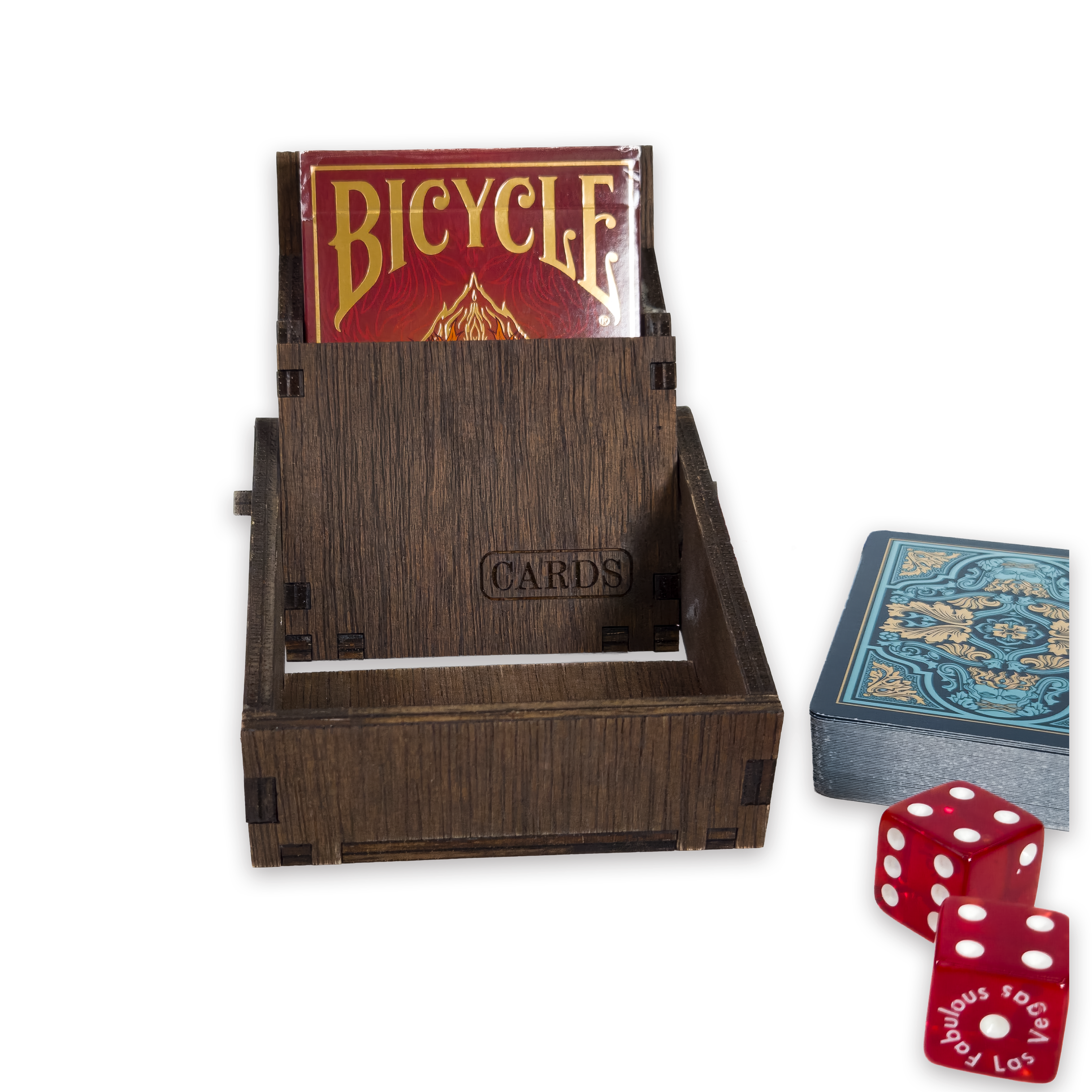 Laser-cut playing card box, dark-walnut-stained birch plywood — as shown (3.5 × 4 in)