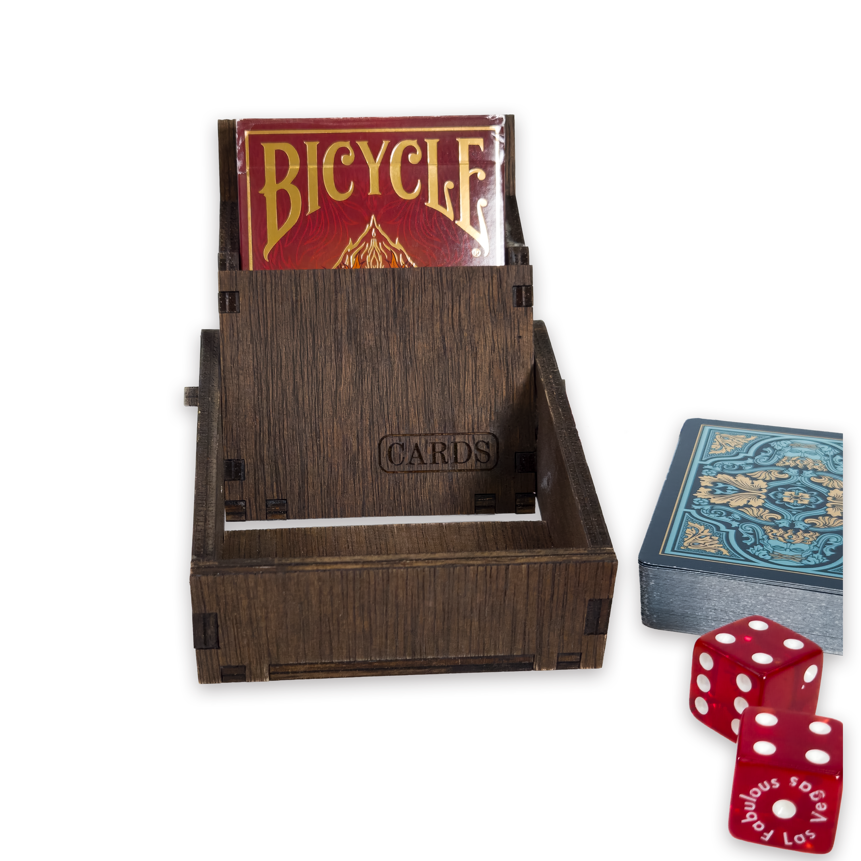 Laser-cut playing card box, dark-walnut-stained birch plywood — as shown (3.5 × 4 in)