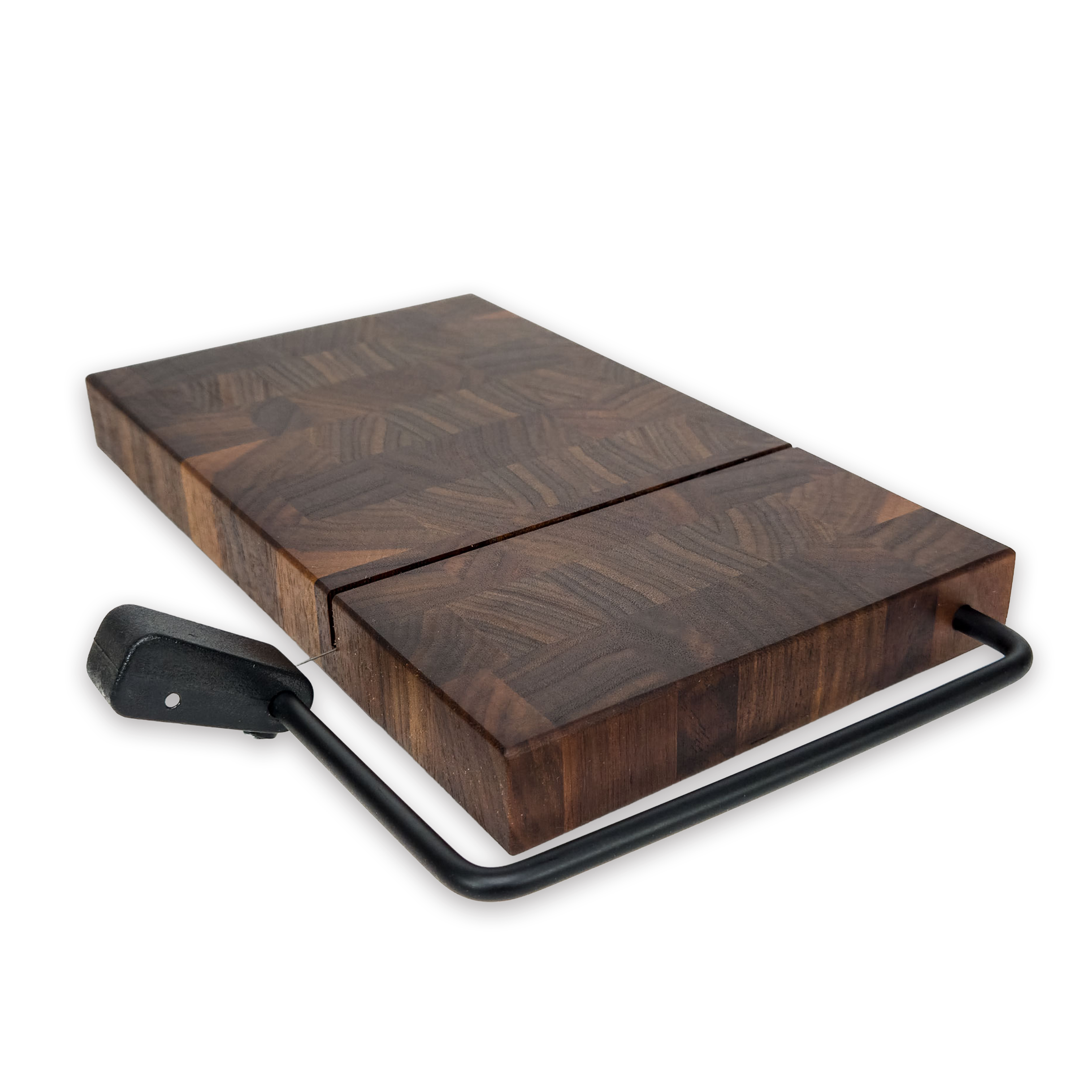 End grain solid walnut cheese slicer board with wire cutter, oiled hardwood