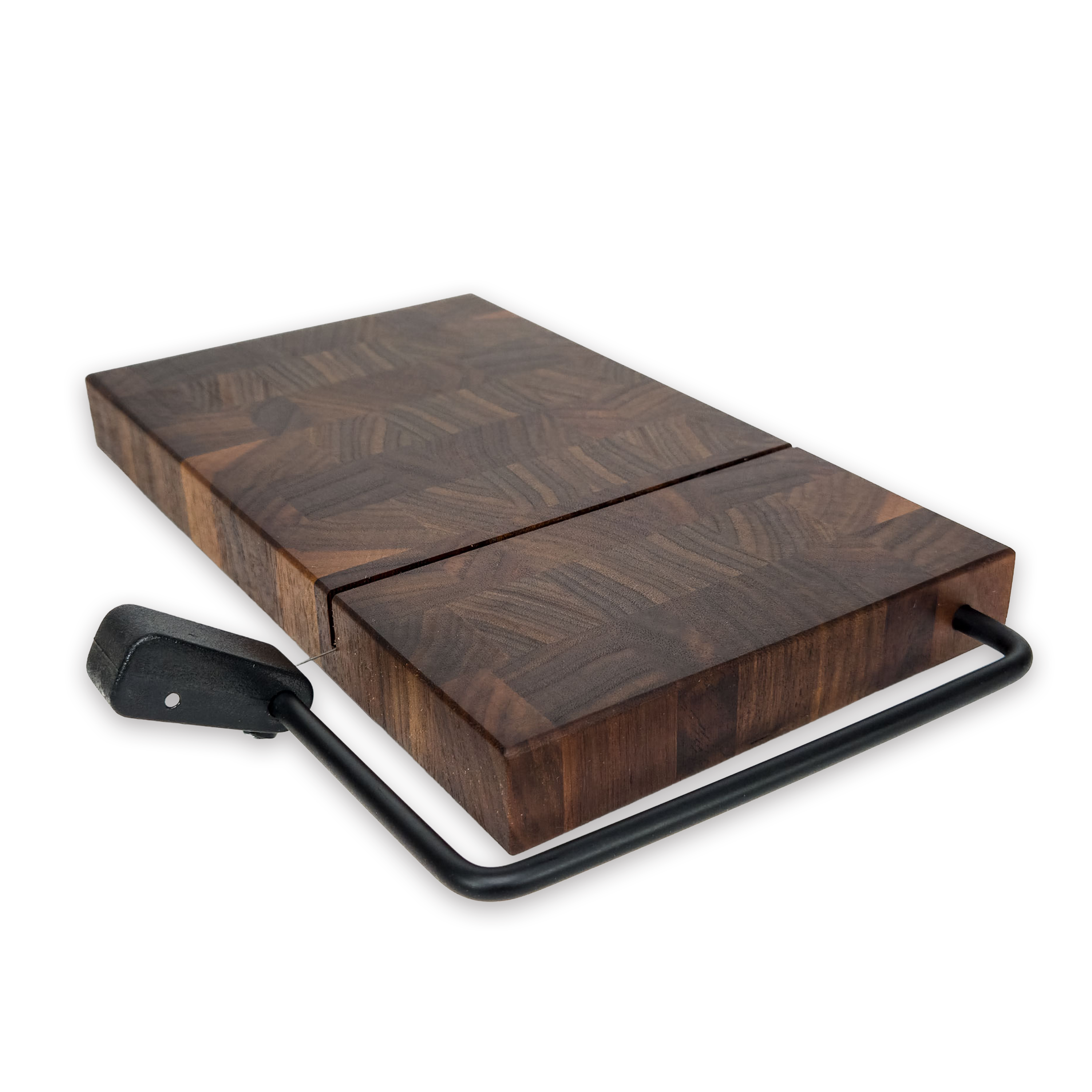 End grain solid walnut cheese slicer board with wire cutter, oiled hardwood