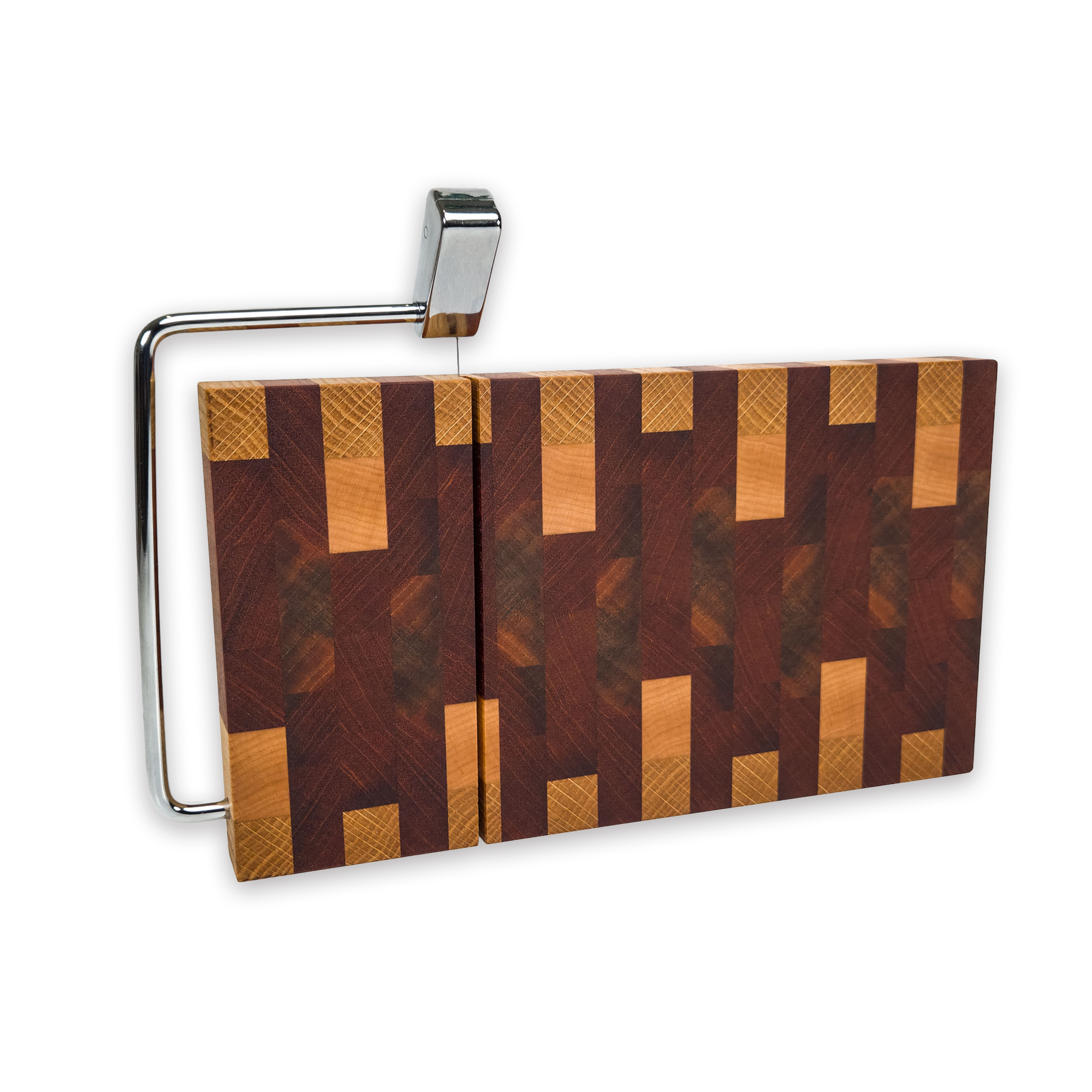 End grain oak, walnut & cherry mosaic cheese slicer board with wire cutter, oiled hardwood