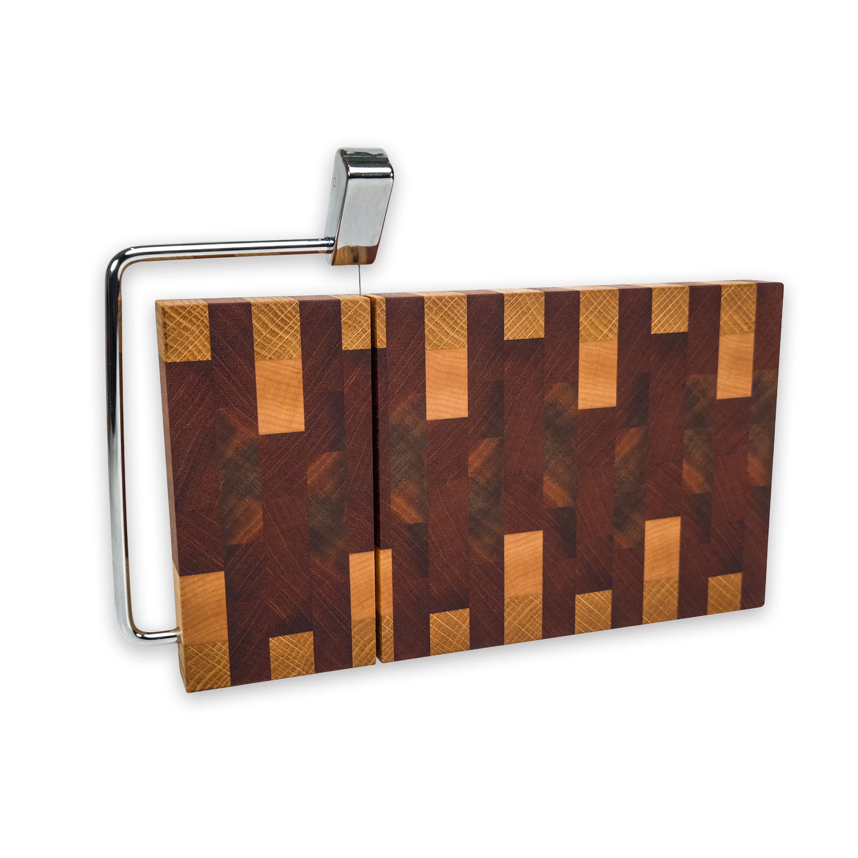 End grain oak, walnut & cherry mosaic cheese slicer board with wire cutter, oiled hardwood