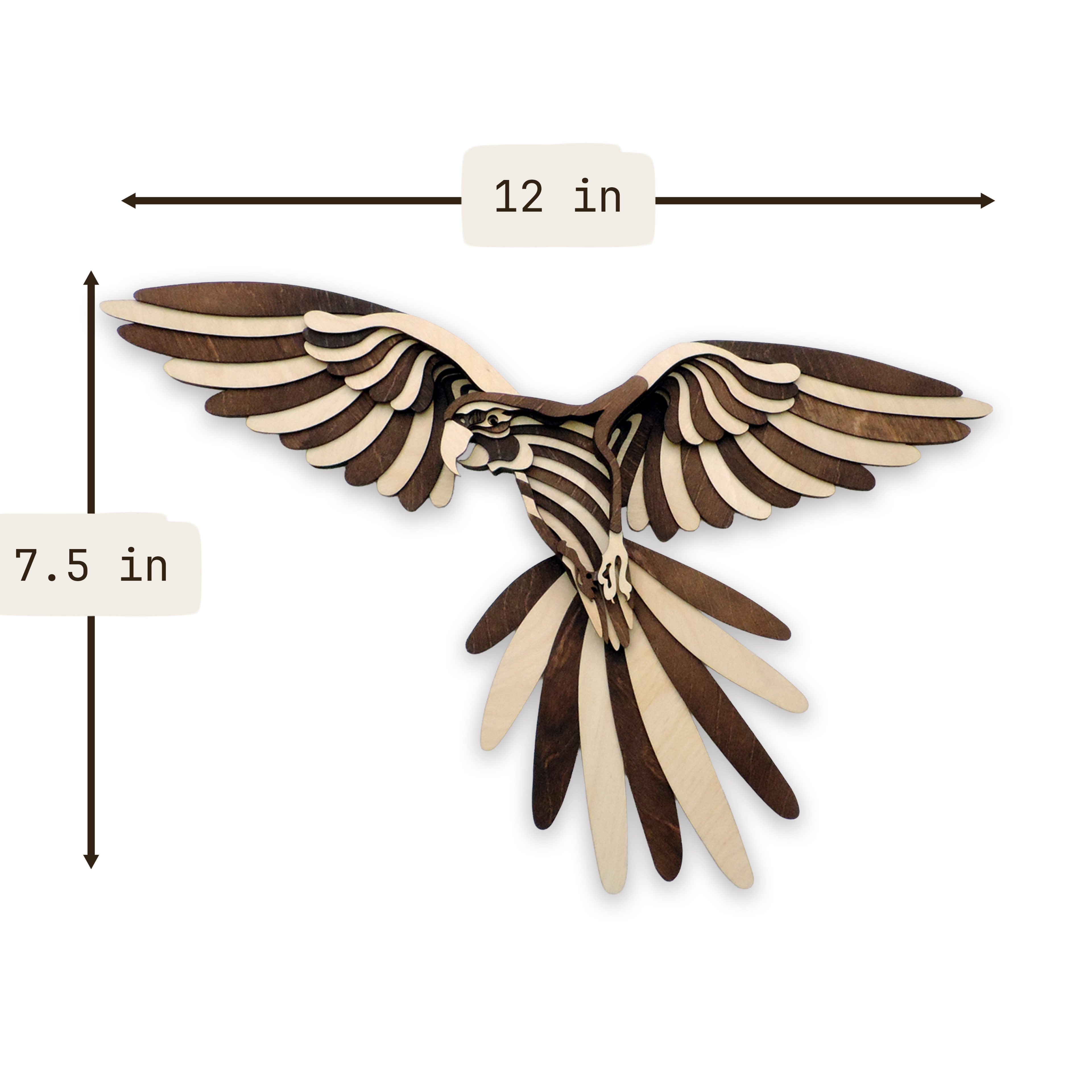 Multilayer 3D laser-cut macaw wall art, Baltic Birch Plywood — walnut maple, small (12 × 7.5 in)