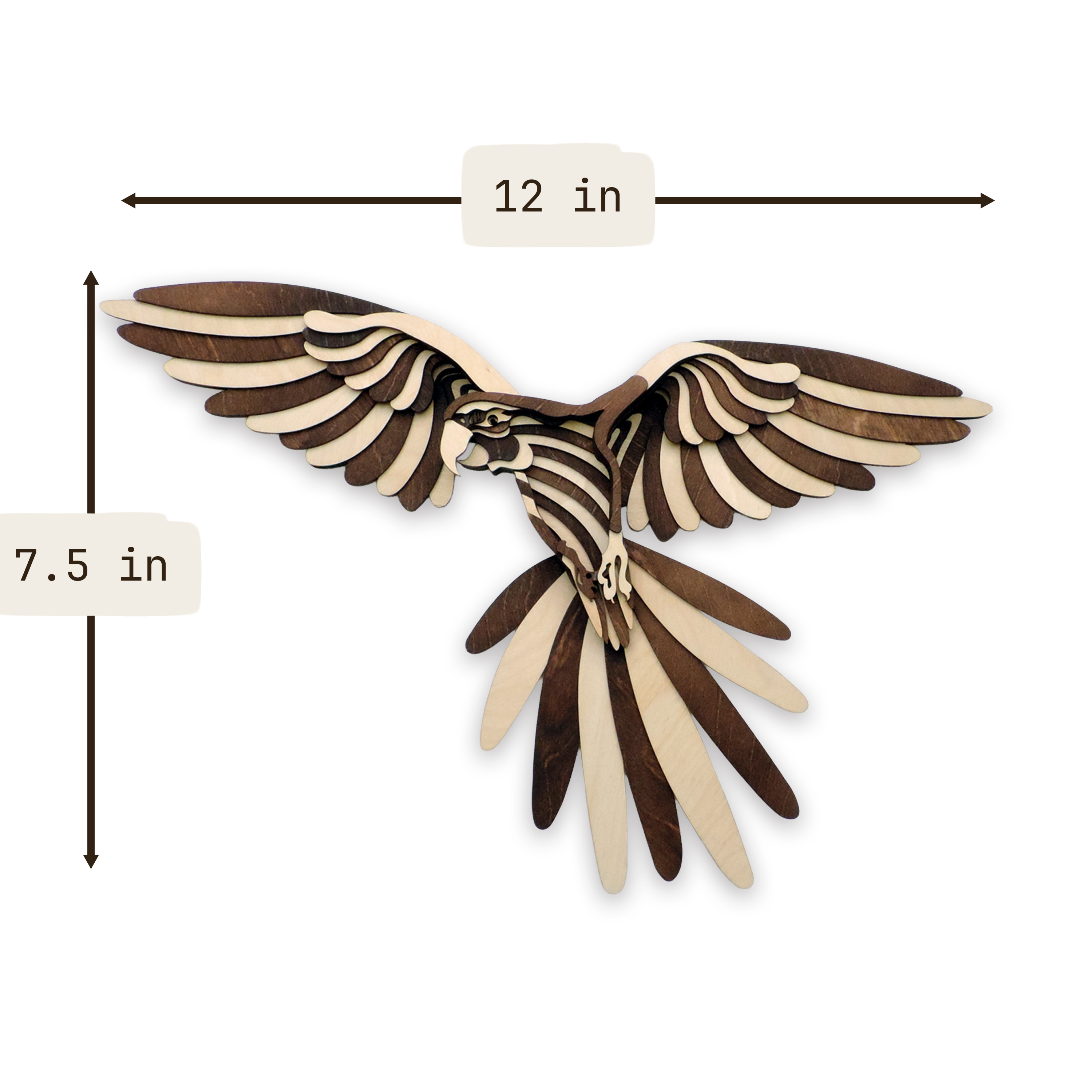 Multilayer 3D laser-cut macaw wall art, Baltic Birch Plywood — walnut maple, small (12 × 7.5 in)
