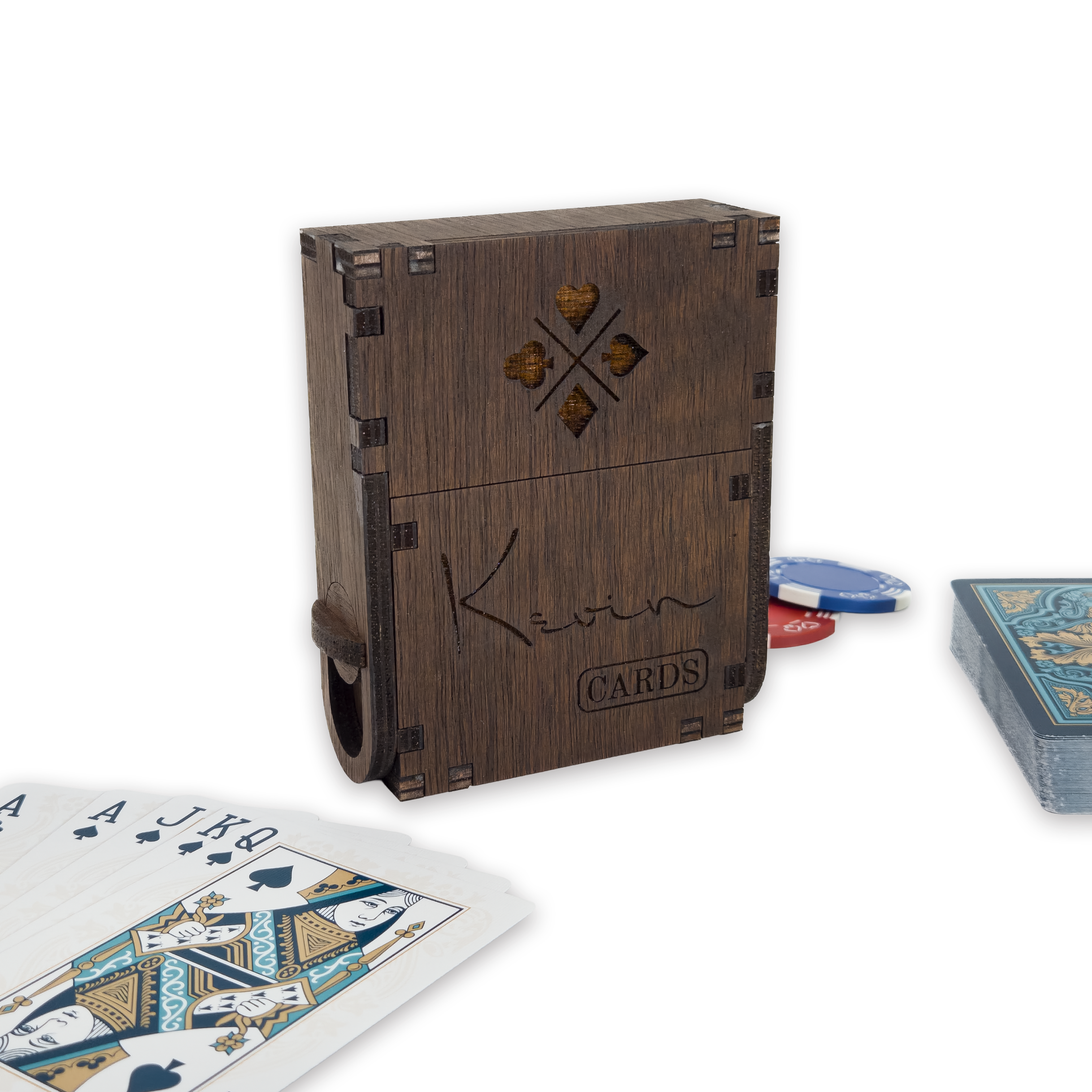 Laser-cut playing card box, dark-walnut-stained birch plywood