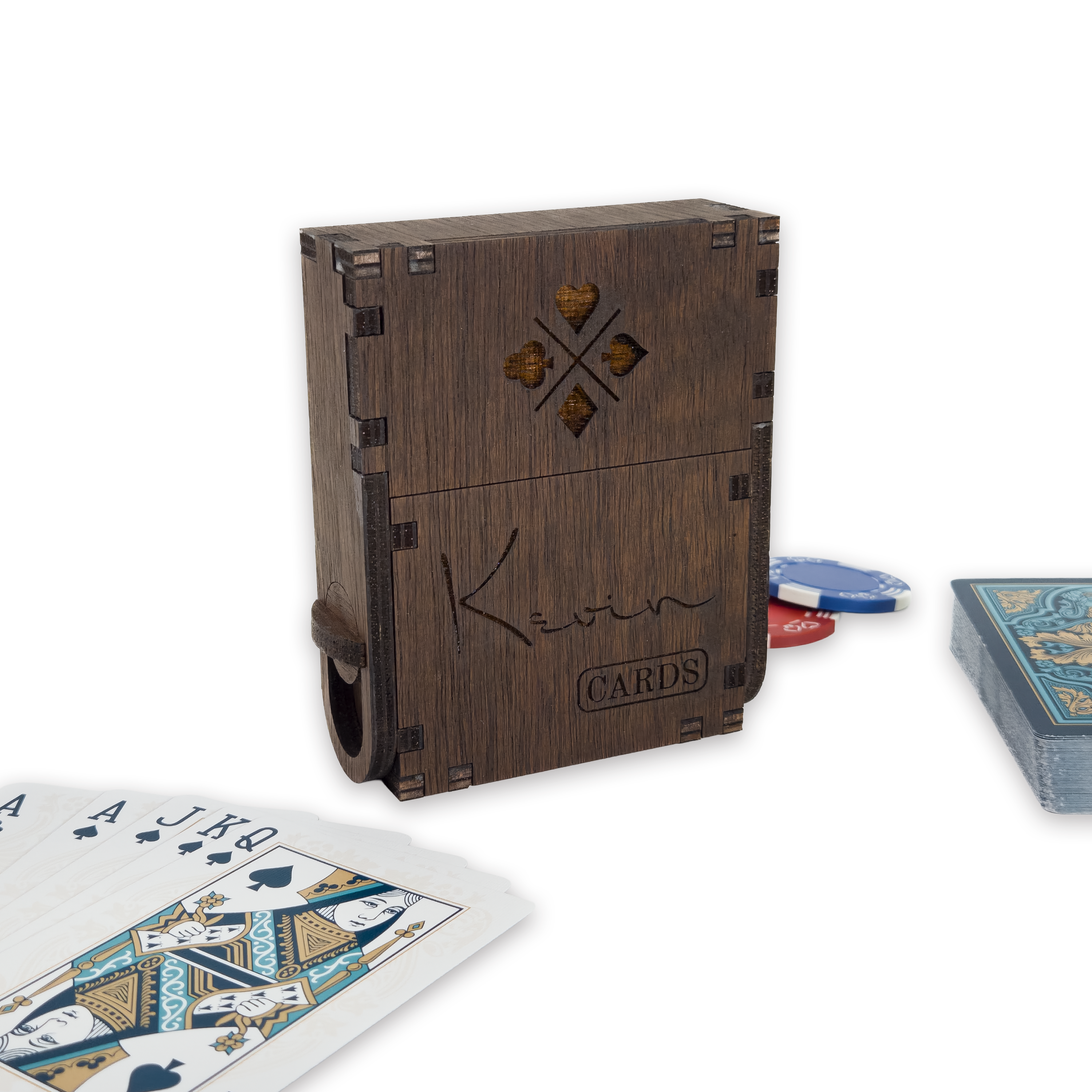Laser-cut playing card box, dark-walnut-stained birch plywood