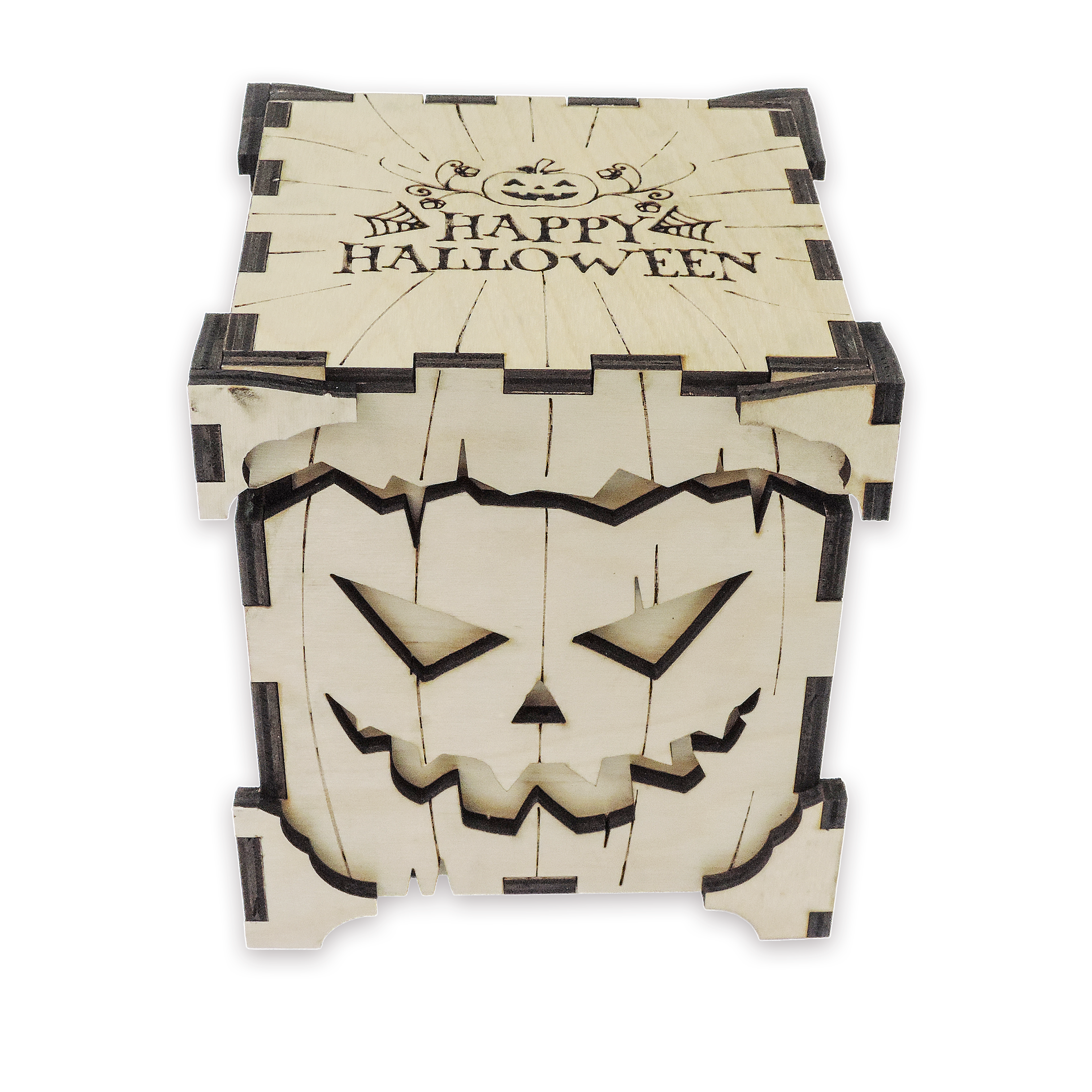 Laser-cut pumpkin candy holder, ¼ in cabinet-grade plywood