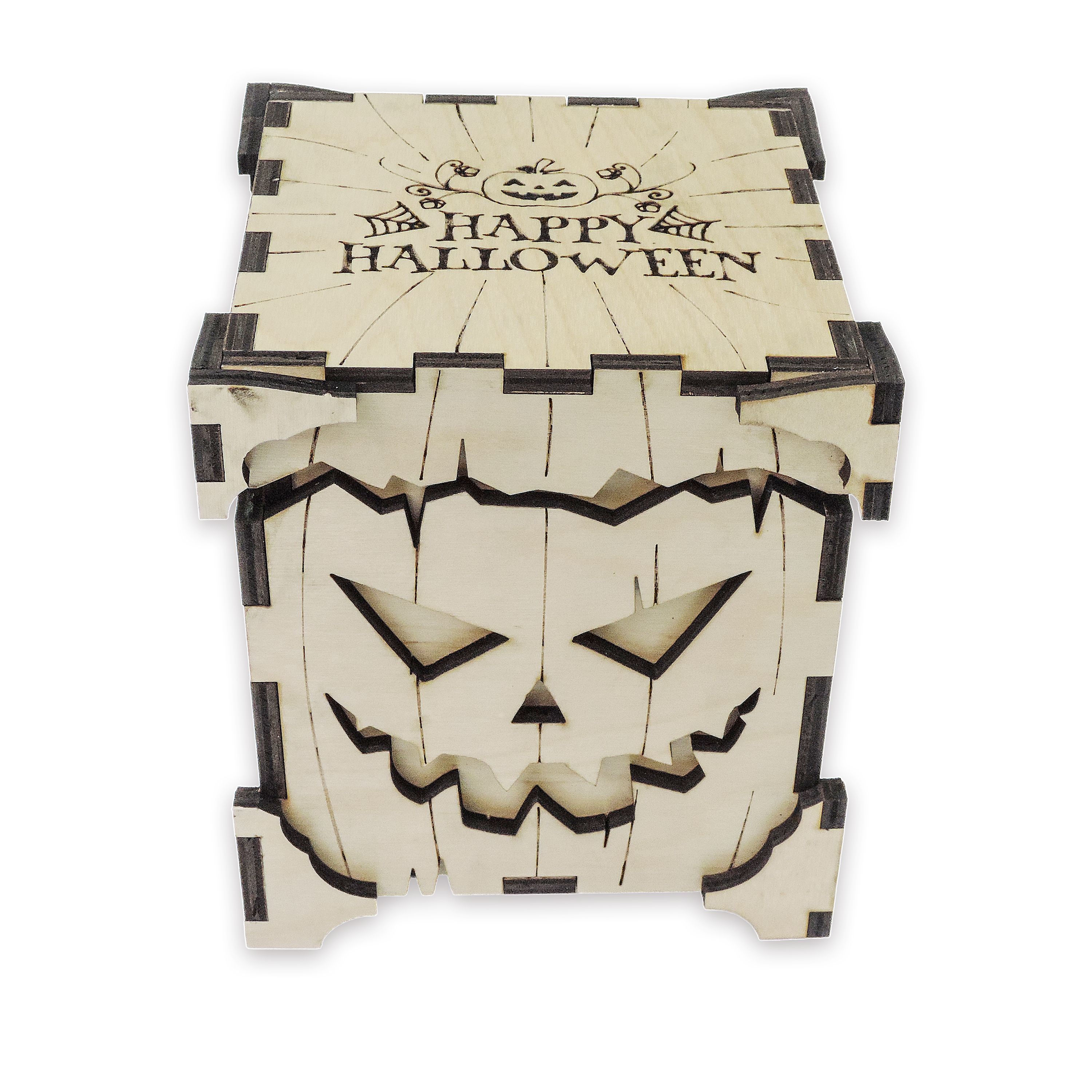 Laser-cut pumpkin candy holder, ¼ in cabinet-grade plywood