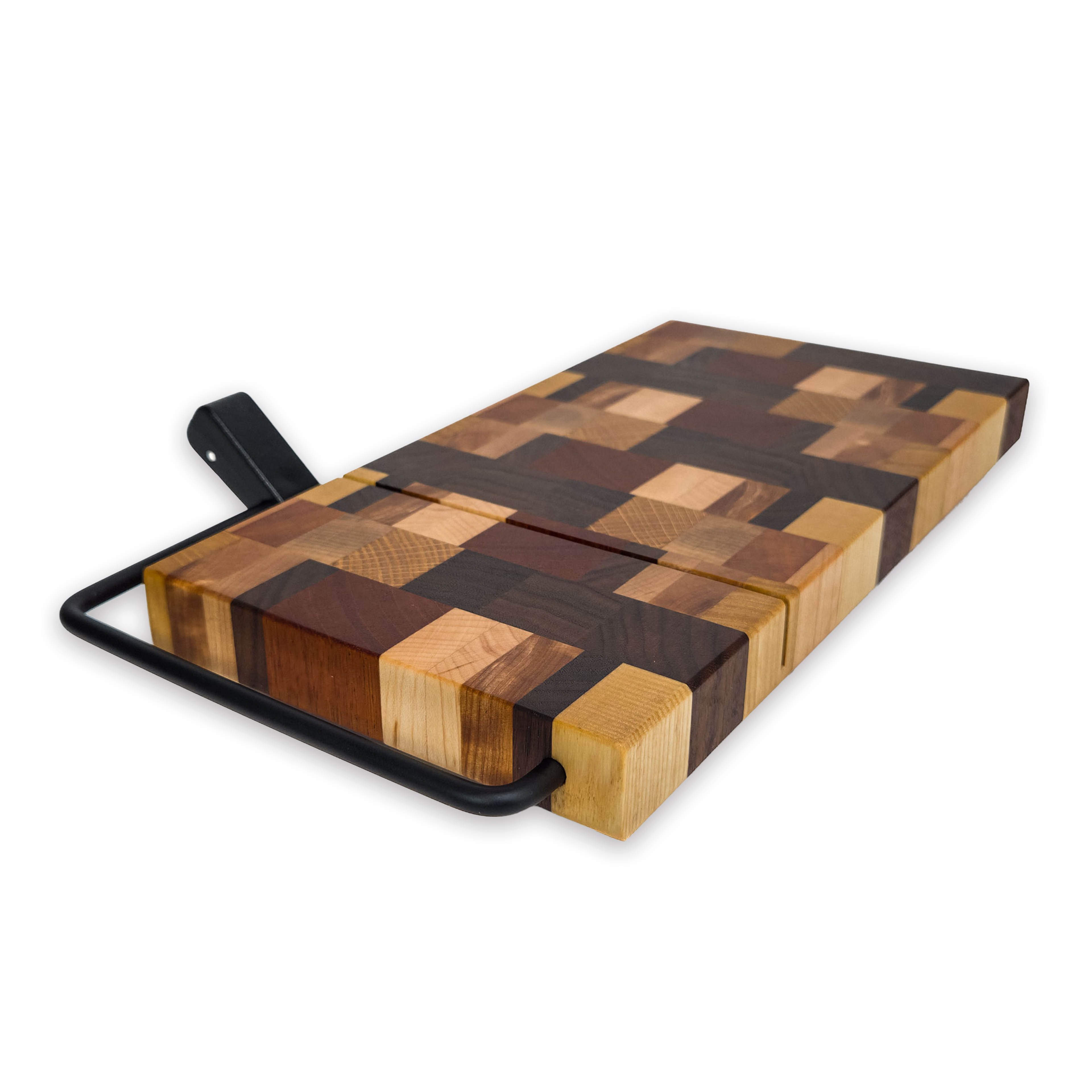 End grain dark mixed hardwood cheese slicer board with wire cutter, oiled hardwood
